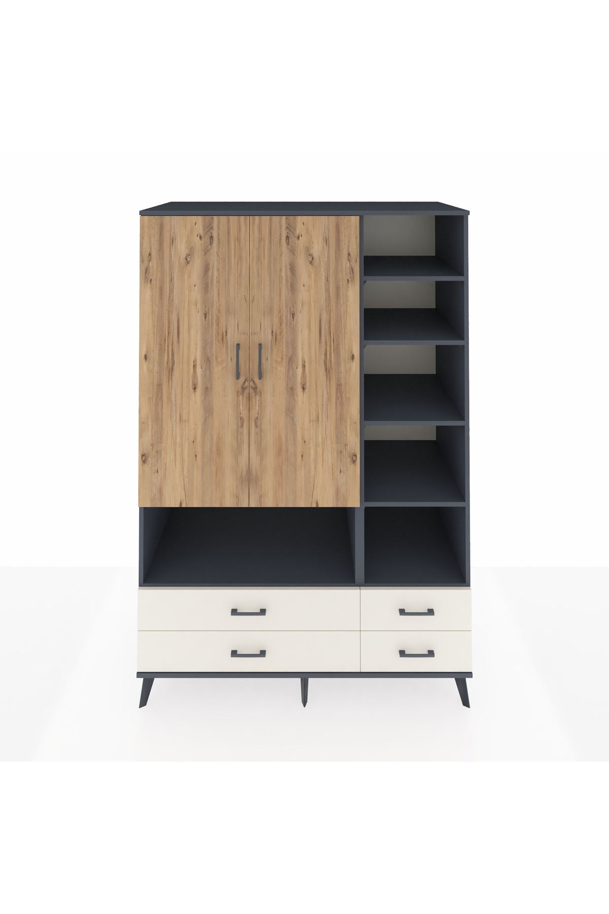 Kronos Dolap 10 Raflı 4 Çekmeceli 2 Kapaklı 132x59x195 Antrasit-Çam/Aytaşı