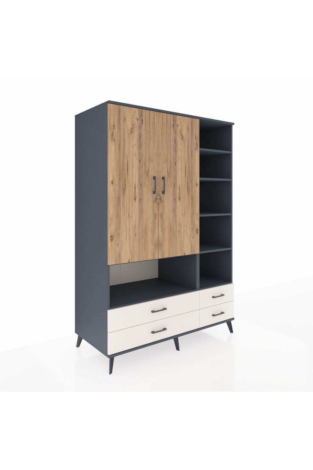 Kronos Dolap 10 Raflı 4 Çekmeceli 2 Kapaklı 132x59x195 Antrasit-Çam/Aytaşı
