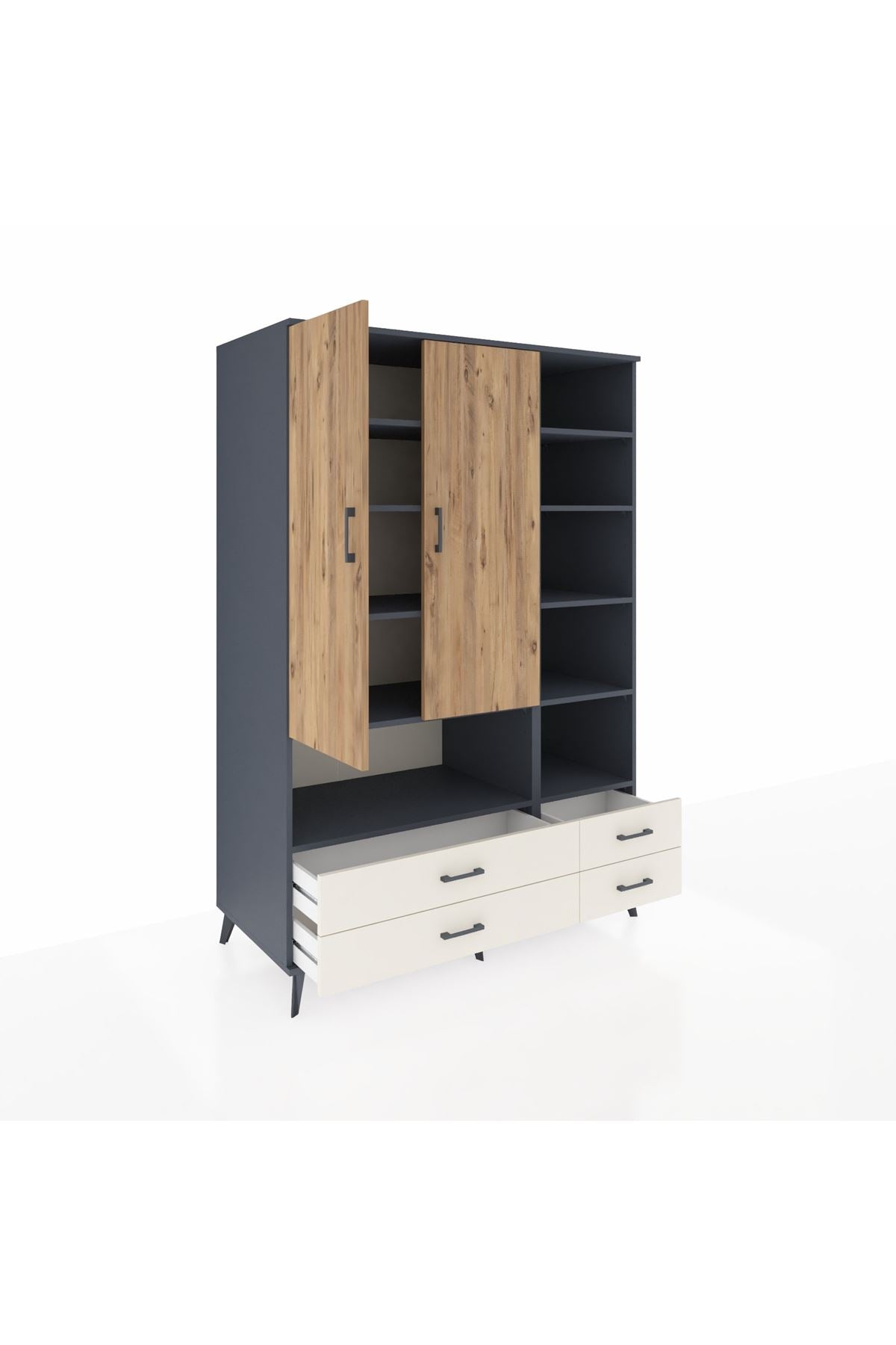 Kronos Dolap 10 Raflı 4 Çekmeceli 2 Kapaklı 132x59x195 Antrasit-Çam/Aytaşı