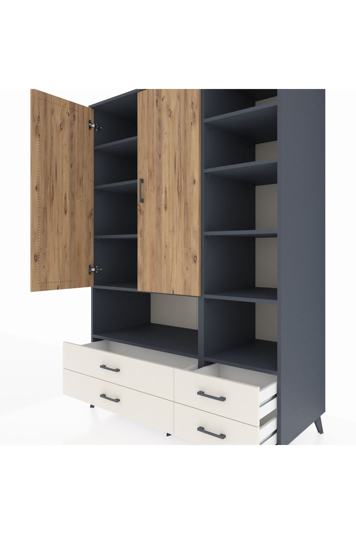 Kronos Dolap 10 Raflı 4 Çekmeceli 2 Kapaklı 132x59x195 Antrasit-Çam/Aytaşı