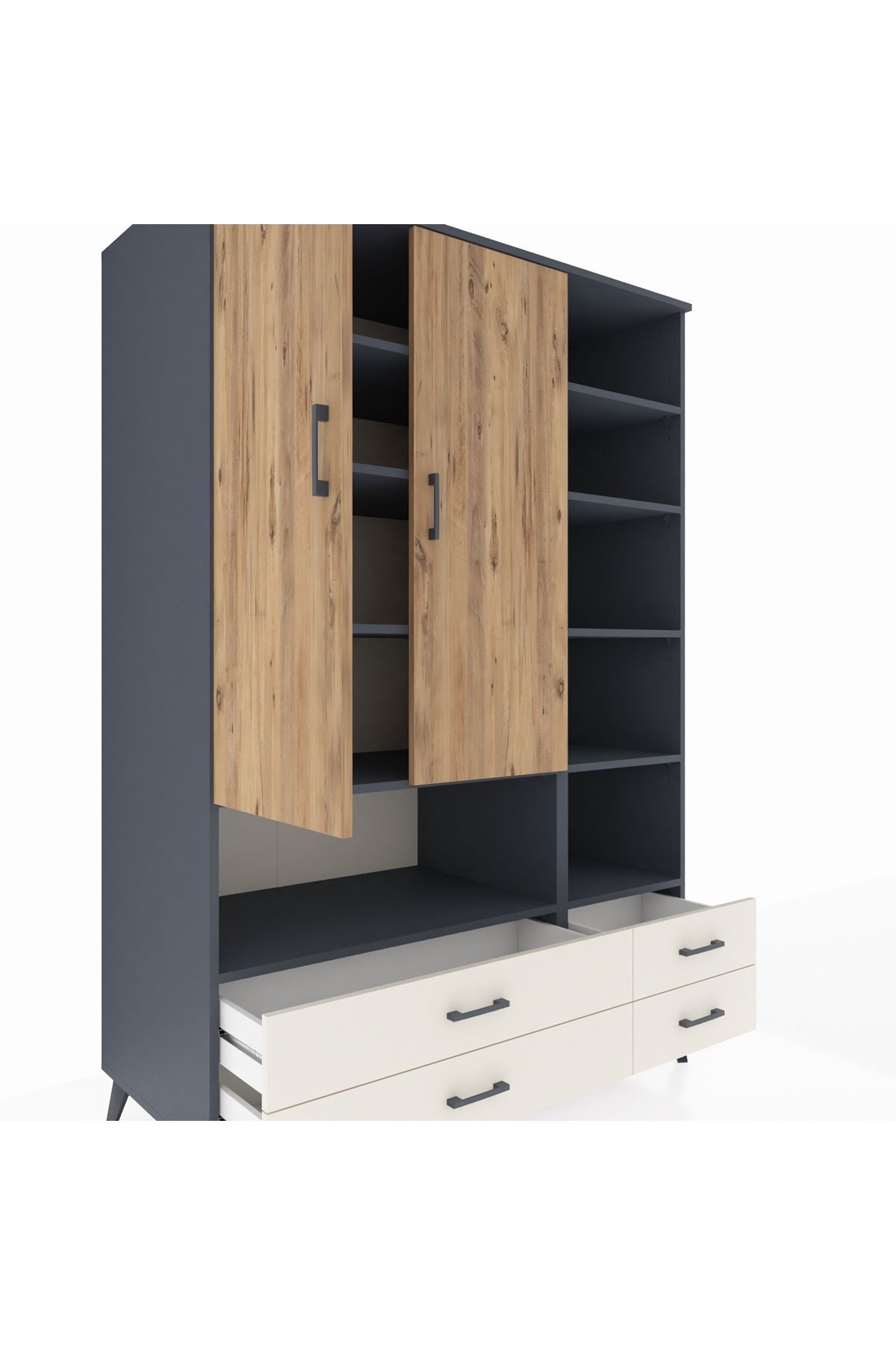 Kronos Dolap 10 Raflı 4 Çekmeceli 2 Kapaklı 132x59x195 Antrasit-Çam/Aytaşı