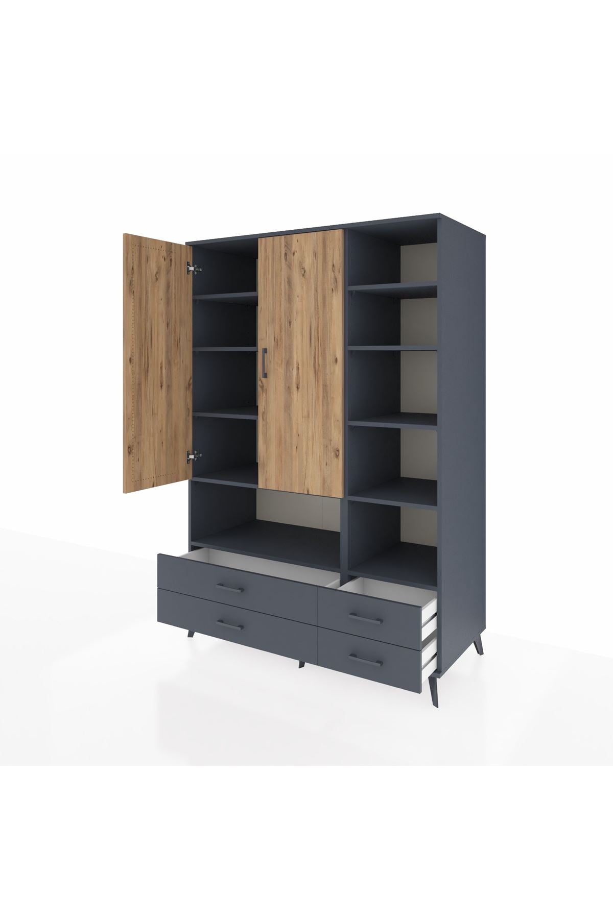 Kronos Dolap 10 Raflı 4 Çekmeceli 2 Kapaklı 132x59x195 Antrasit-Çam/Antrasit