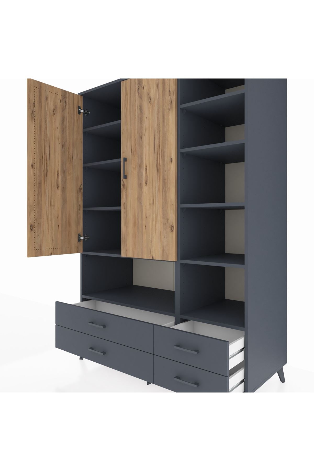 Kronos Dolap 10 Raflı 4 Çekmeceli 2 Kapaklı 132x59x195 Antrasit-Çam/Antrasit