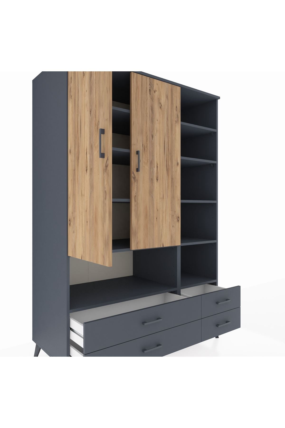 Kronos Dolap 10 Raflı 4 Çekmeceli 2 Kapaklı 132x59x195 Antrasit-Çam/Antrasit