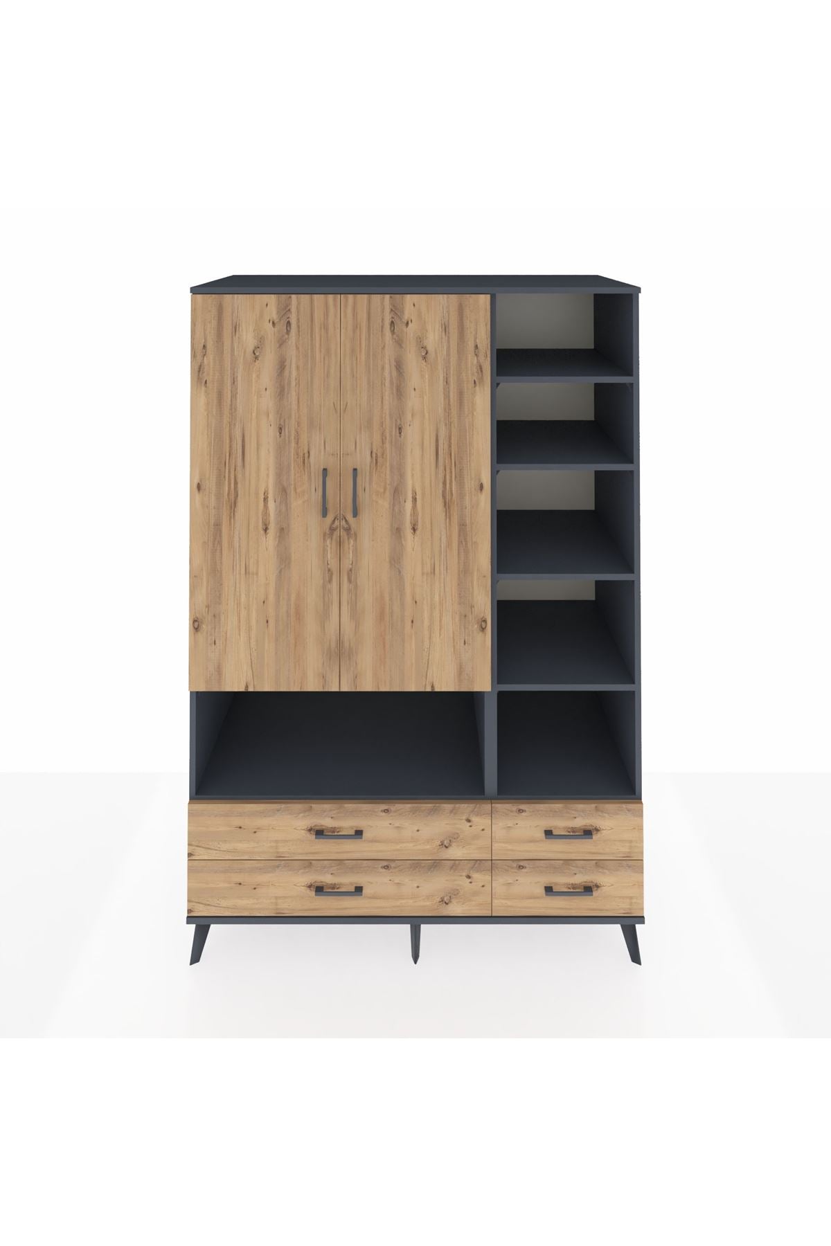 Kronos Dolap 10 Raflı 4 Çekmeceli 2 Kapaklı 132x59x195 Antrasit-Çam/Çam