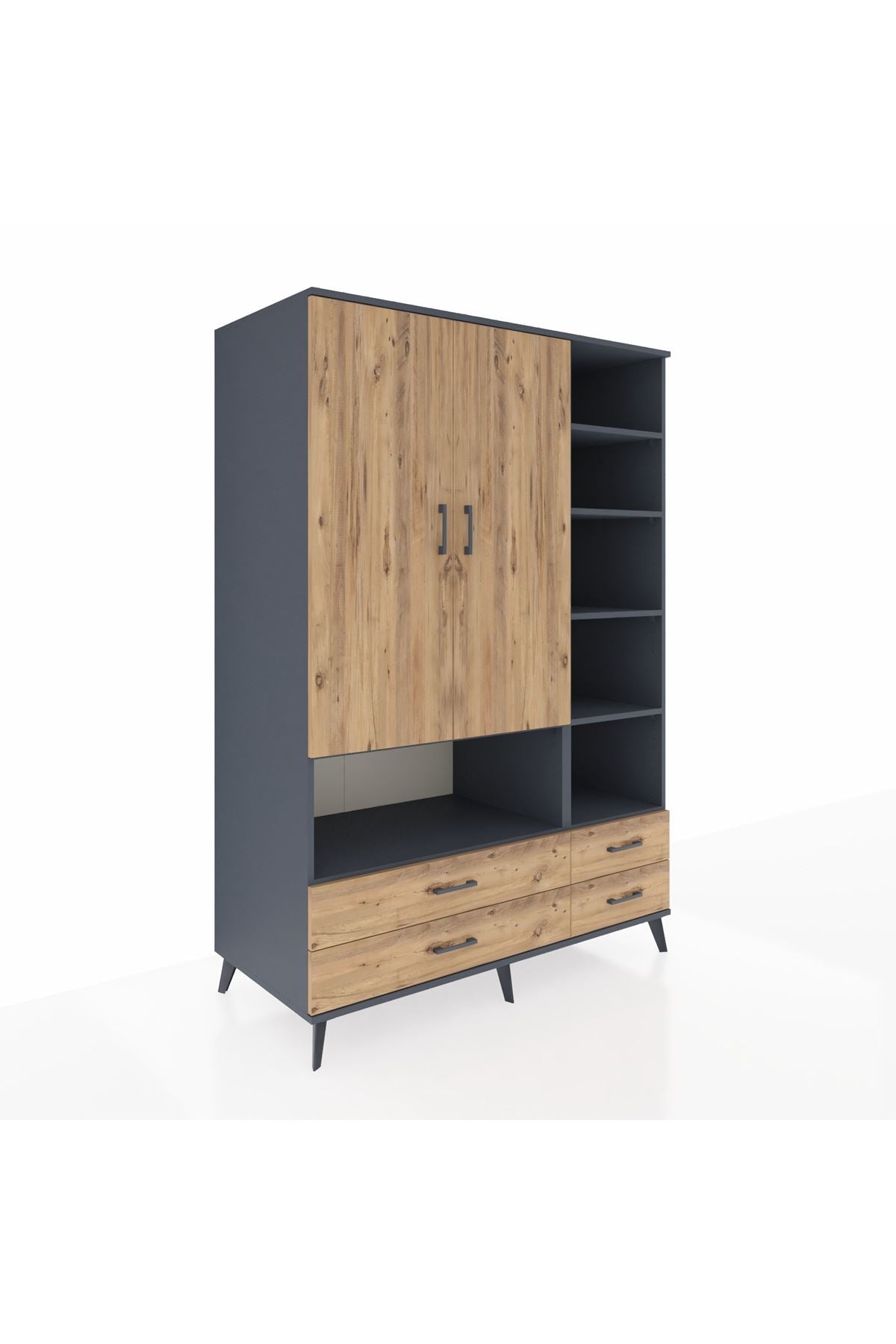 Kronos Dolap 10 Raflı 4 Çekmeceli 2 Kapaklı 132x59x195 Antrasit-Çam/Çam