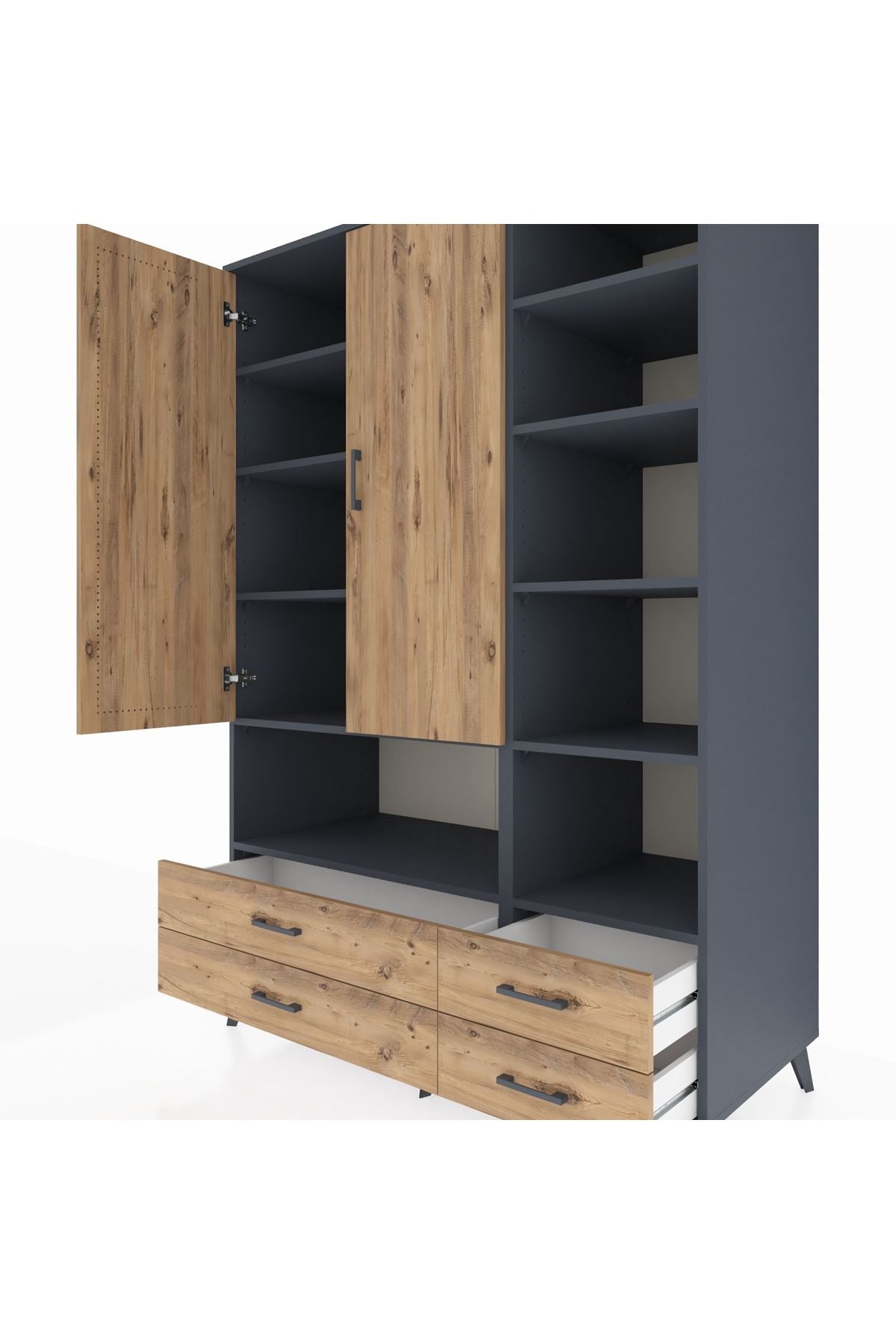 Kronos Dolap 10 Raflı 4 Çekmeceli 2 Kapaklı 132x59x195 Antrasit-Çam/Çam