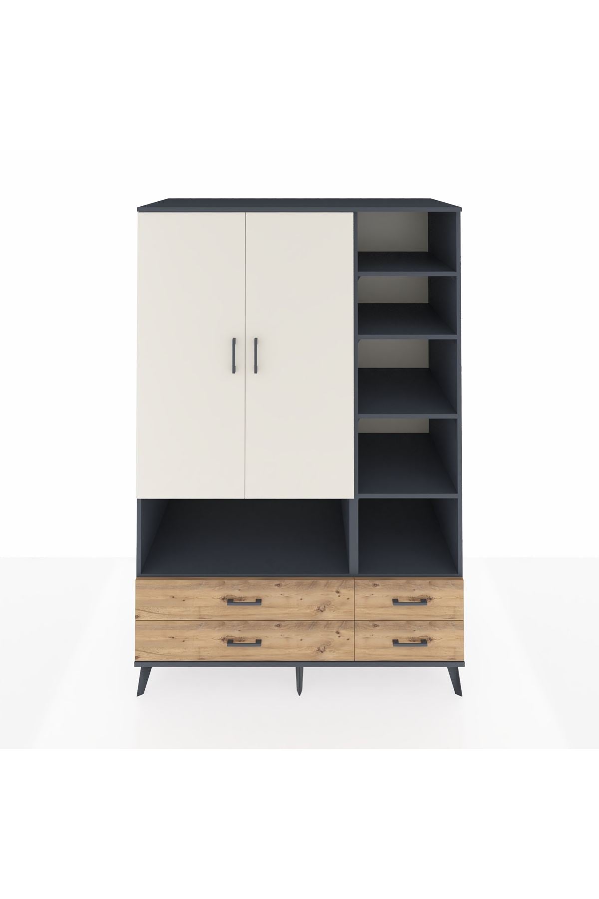 Kronos Dolap 10 Raflı 4 Çekmeceli 2 Kapaklı 132x59x195 Antrasit-Aytaşı/Çam