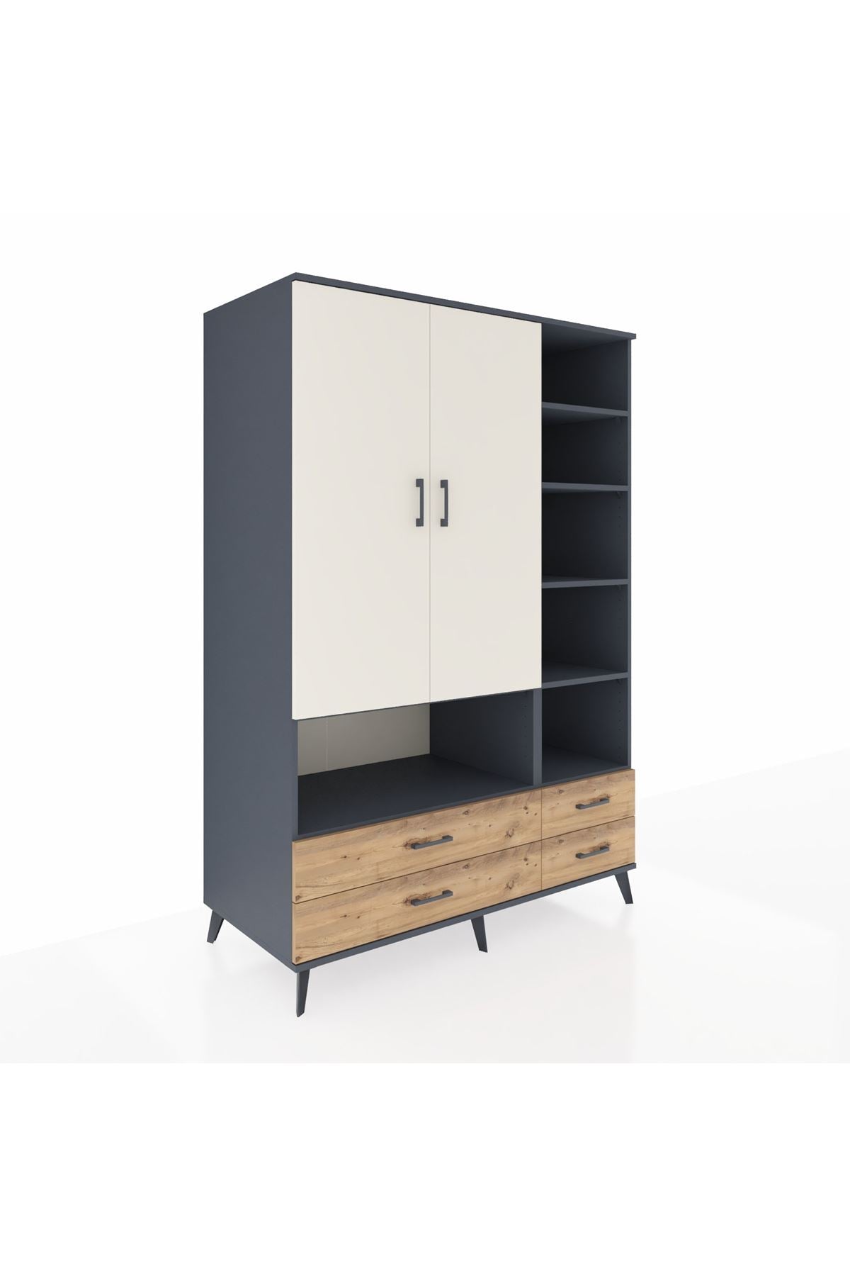 Kronos Dolap 10 Raflı 4 Çekmeceli 2 Kapaklı 132x59x195 Antrasit-Aytaşı/Çam