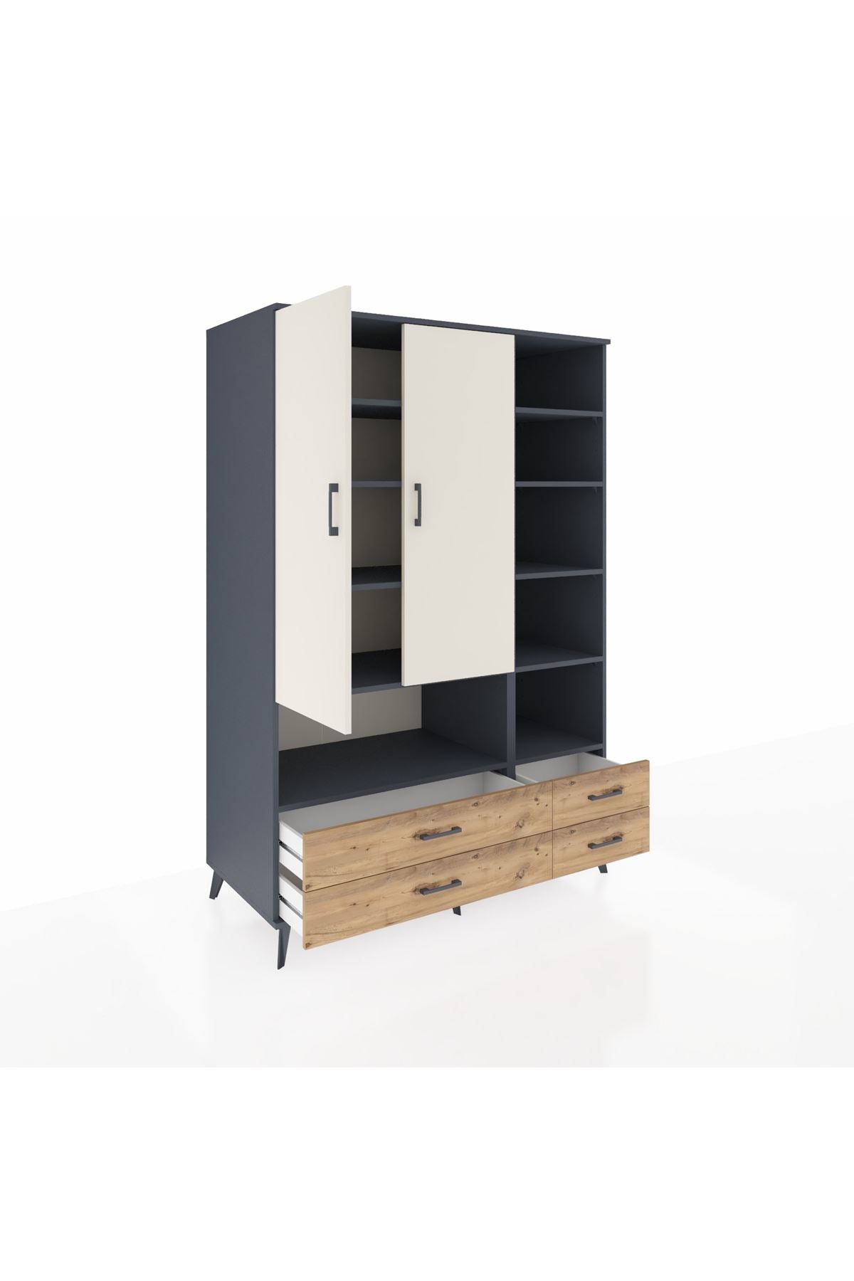 Kronos Dolap 10 Raflı 4 Çekmeceli 2 Kapaklı 132x59x195 Antrasit-Aytaşı/Çam