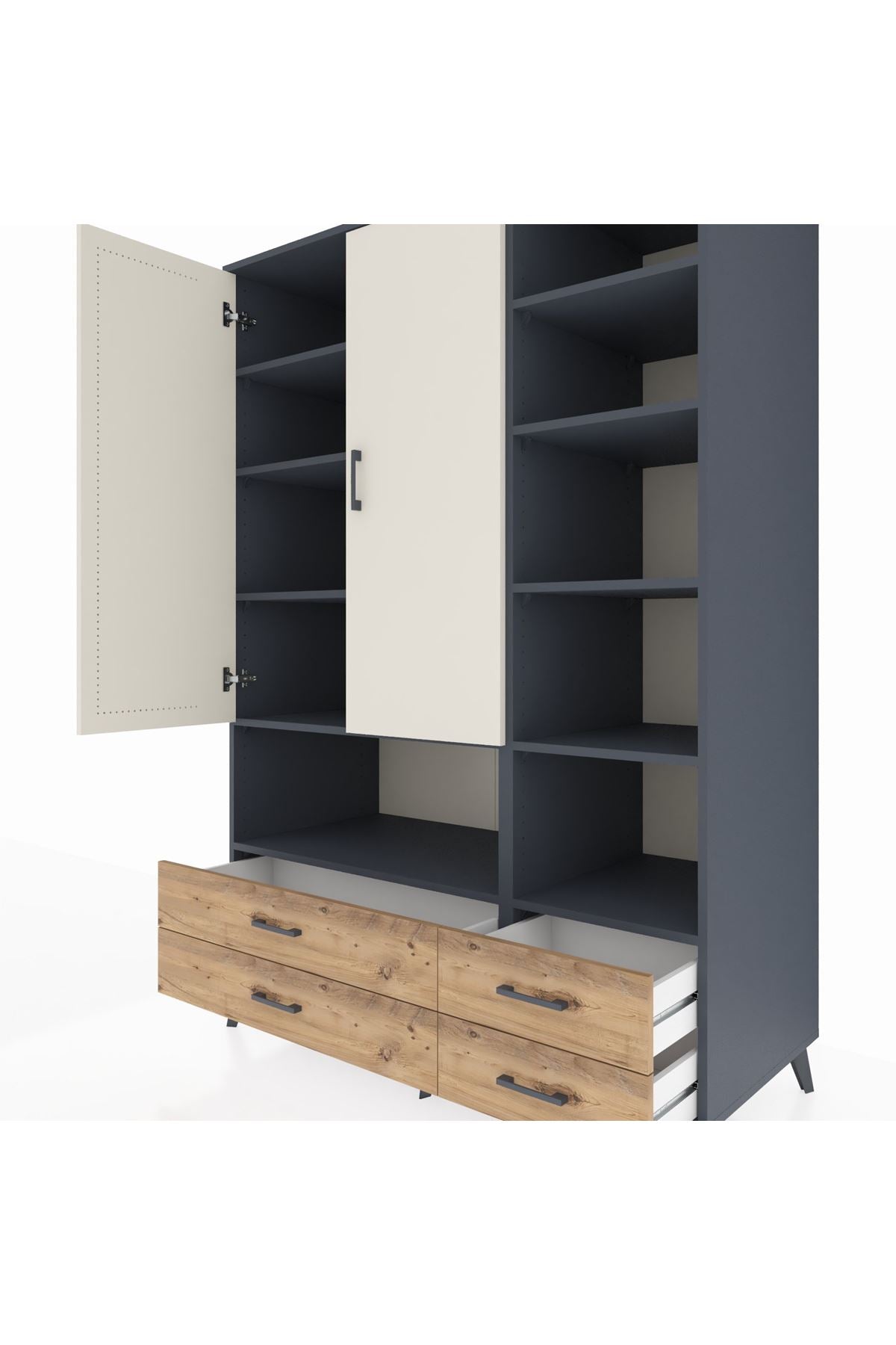 Kronos Dolap 10 Raflı 4 Çekmeceli 2 Kapaklı 132x59x195 Antrasit-Aytaşı/Çam