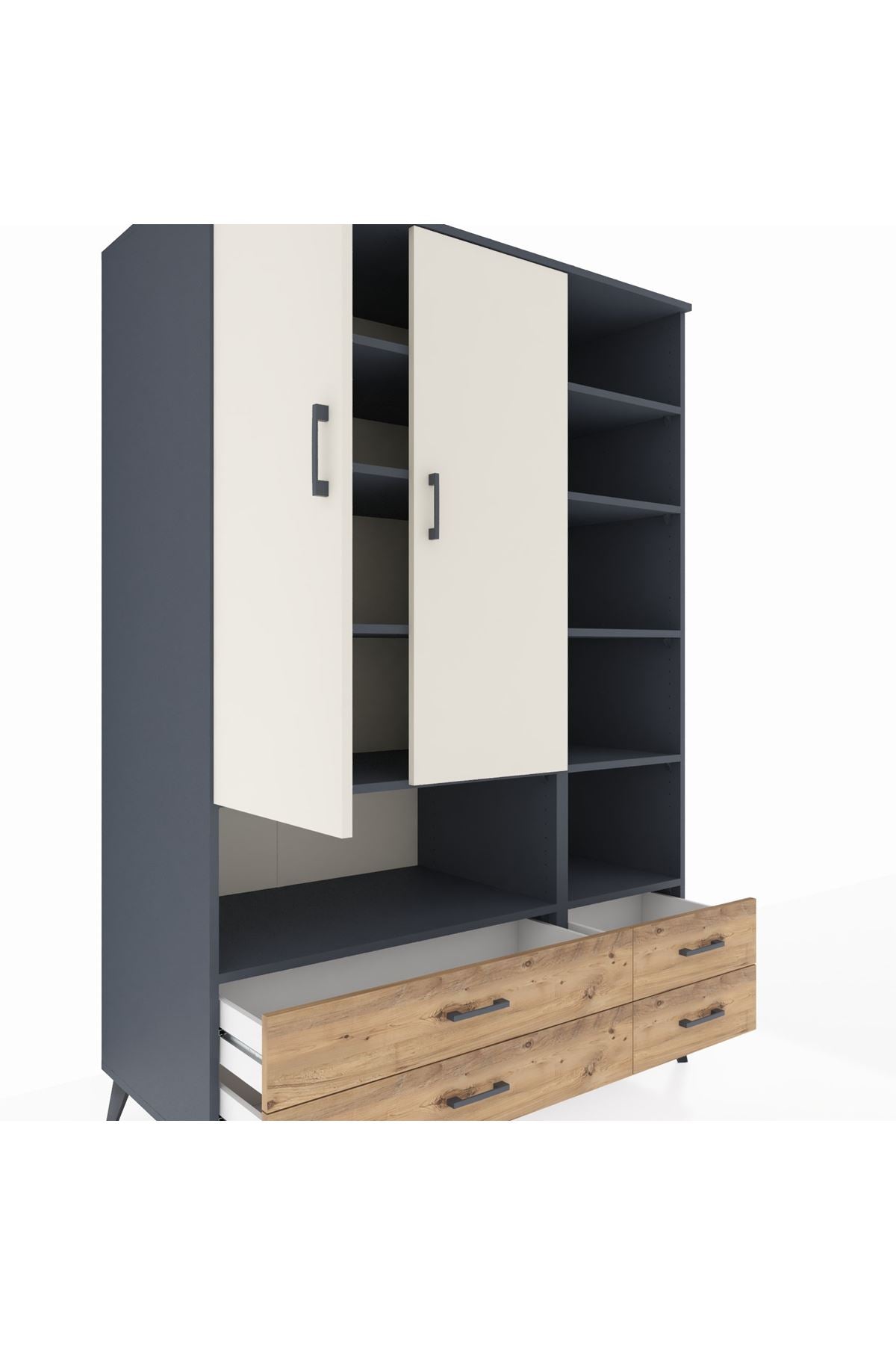 Kronos Dolap 10 Raflı 4 Çekmeceli 2 Kapaklı 132x59x195 Antrasit-Aytaşı/Çam