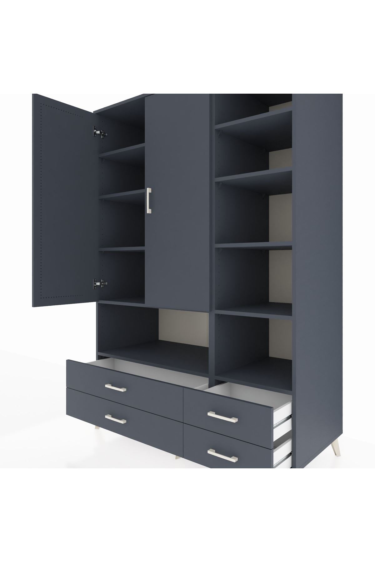 Kronos Dolap 10 Raflı 4 Çekmeceli 2 Kapaklı 132x59x195 Antrasit-Antrasit/Antrasit