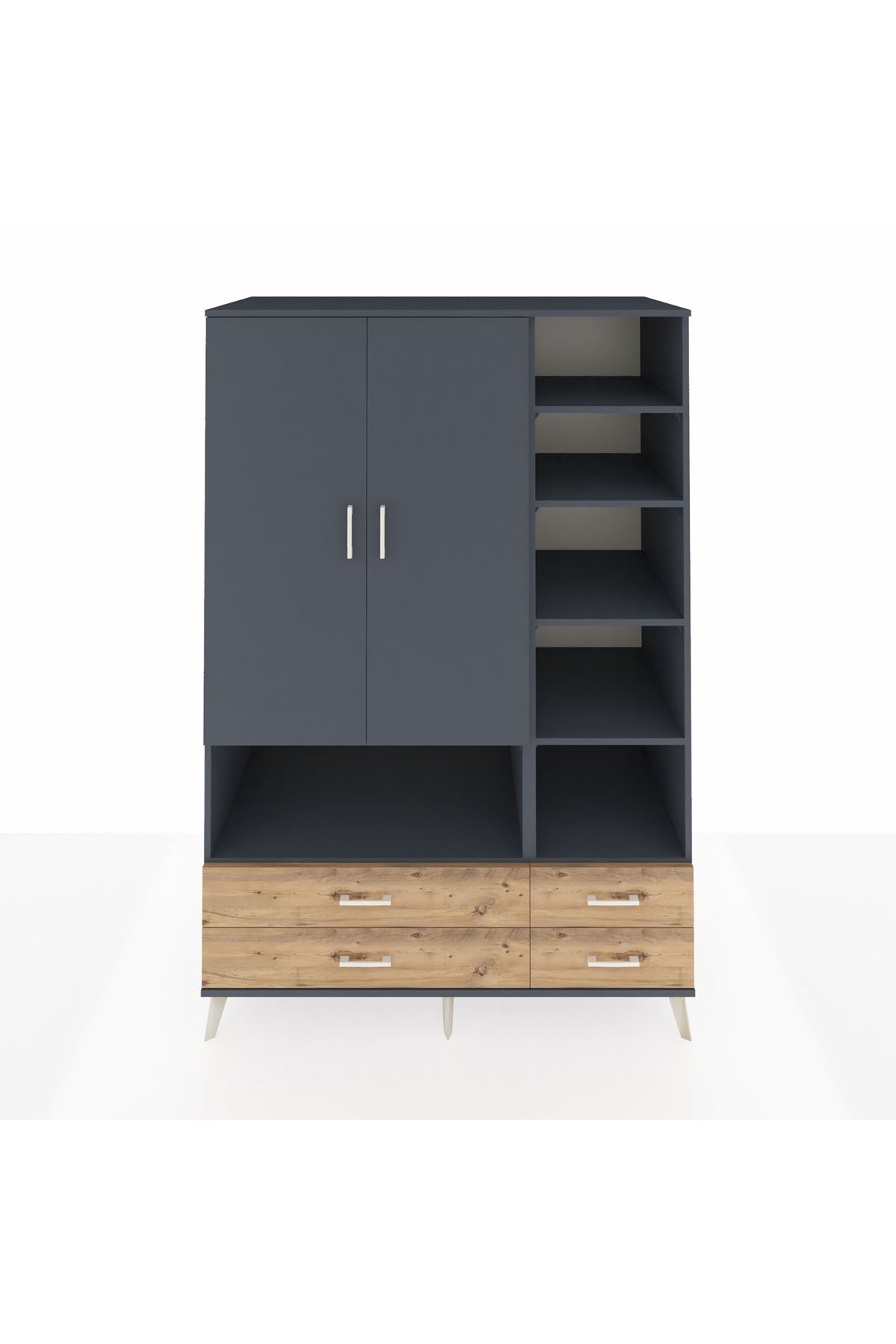 Kronos Dolap 10 Raflı 4 Çekmeceli 2 Kapaklı 132x59x195 Antrasit-Antrasit/Çam