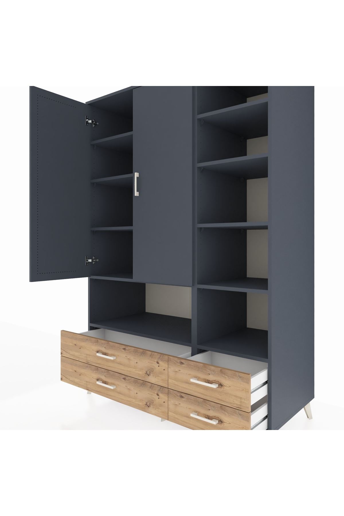 Kronos Dolap 10 Raflı 4 Çekmeceli 2 Kapaklı 132x59x195 Antrasit-Antrasit/Çam