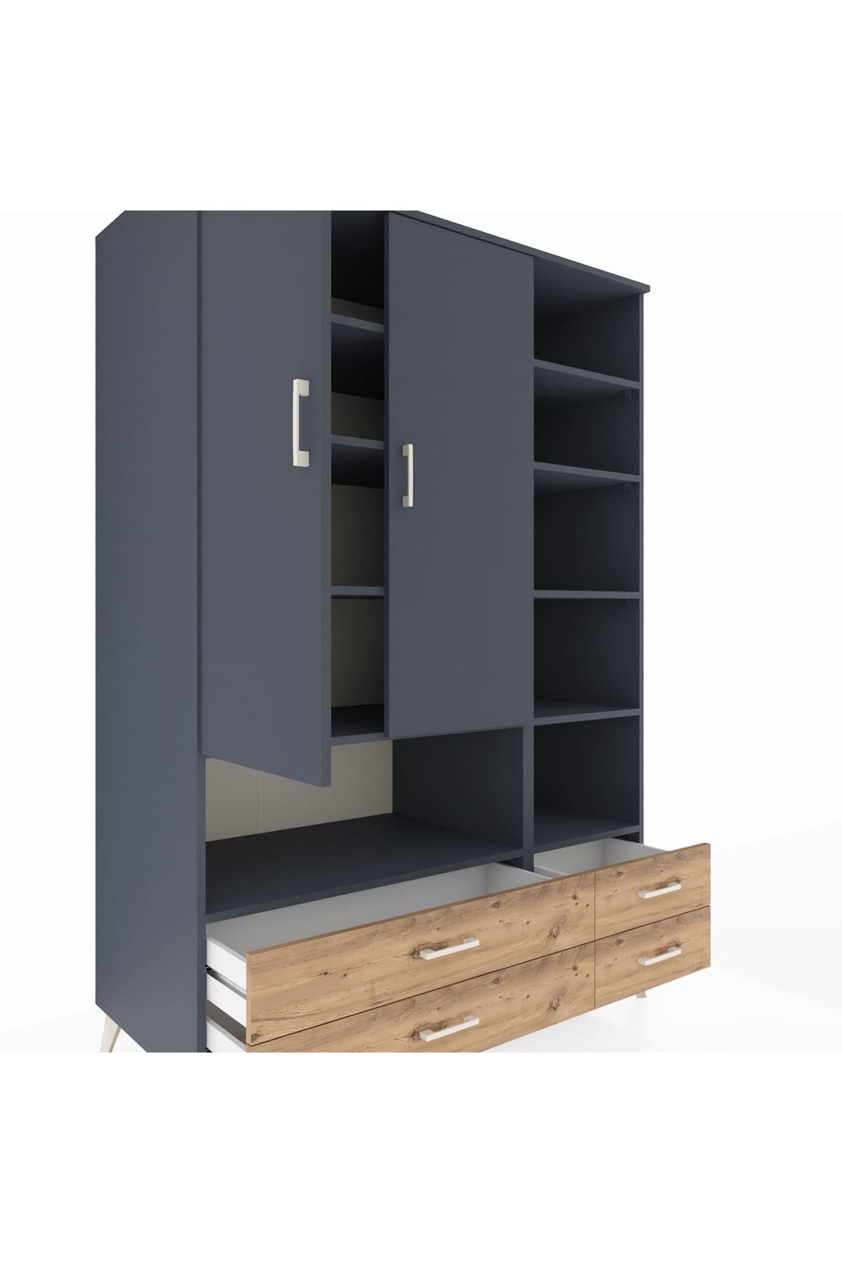 Kronos Dolap 10 Raflı 4 Çekmeceli 2 Kapaklı 132x59x195 Antrasit-Antrasit/Çam