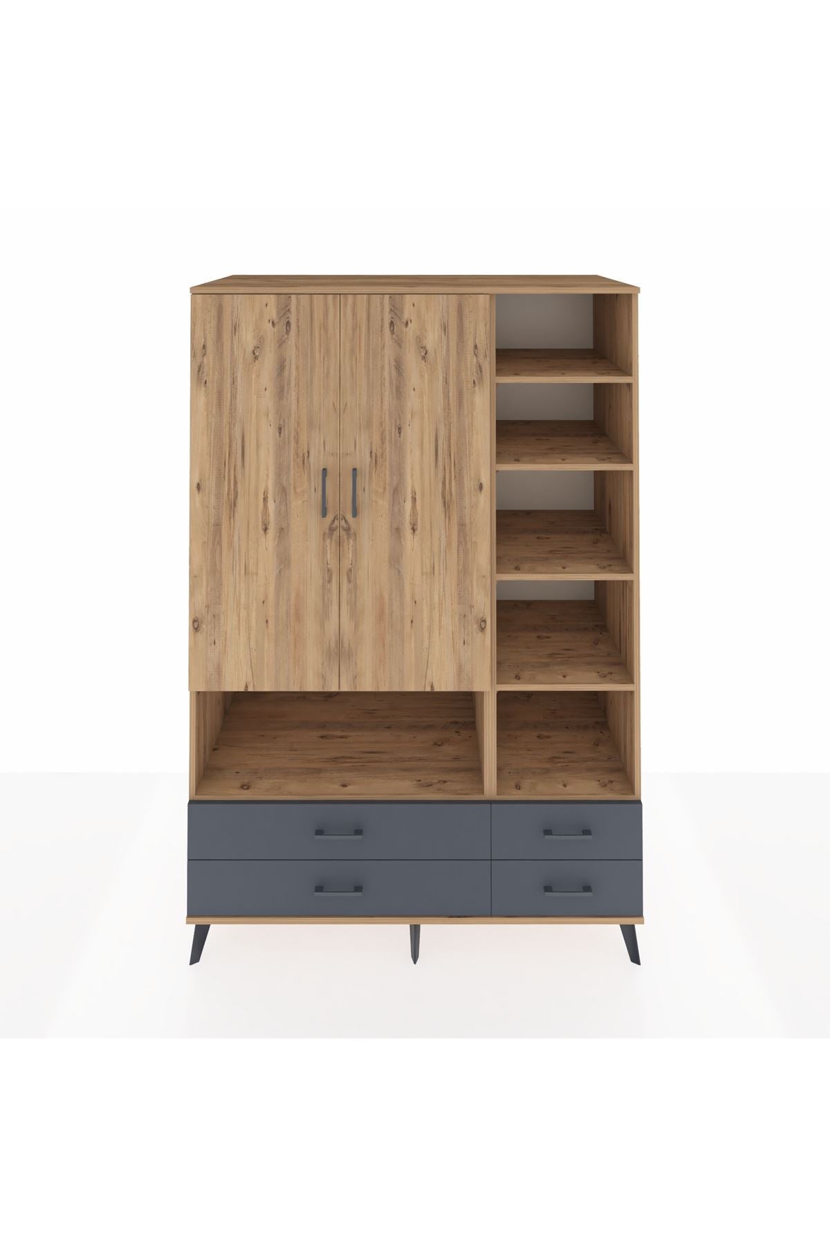 Kronos Dolap 10 Raflı 4 Çekmeceli 2 Kapaklı 132x59x195 Çam-Çam/Antrasit