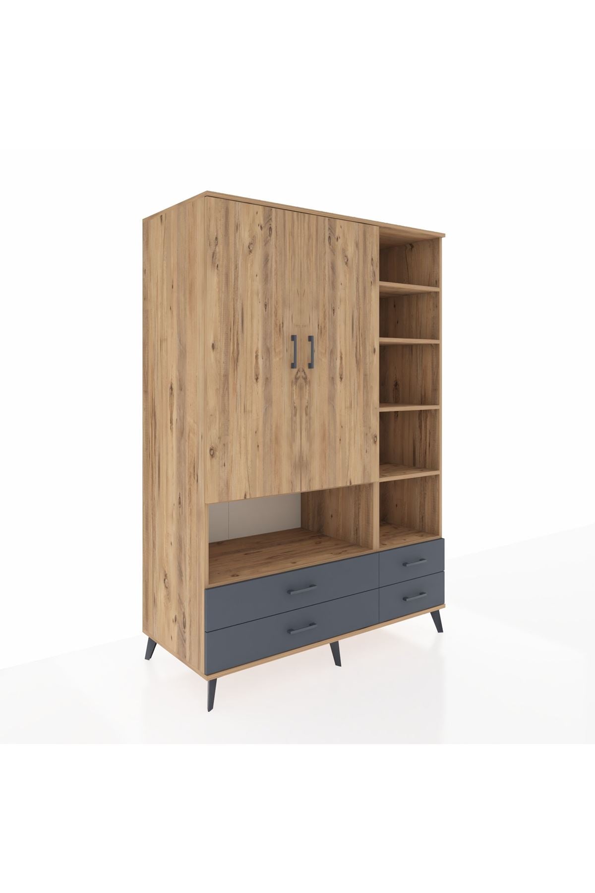 Kronos Dolap 10 Raflı 4 Çekmeceli 2 Kapaklı 132x59x195 Çam-Çam/Antrasit