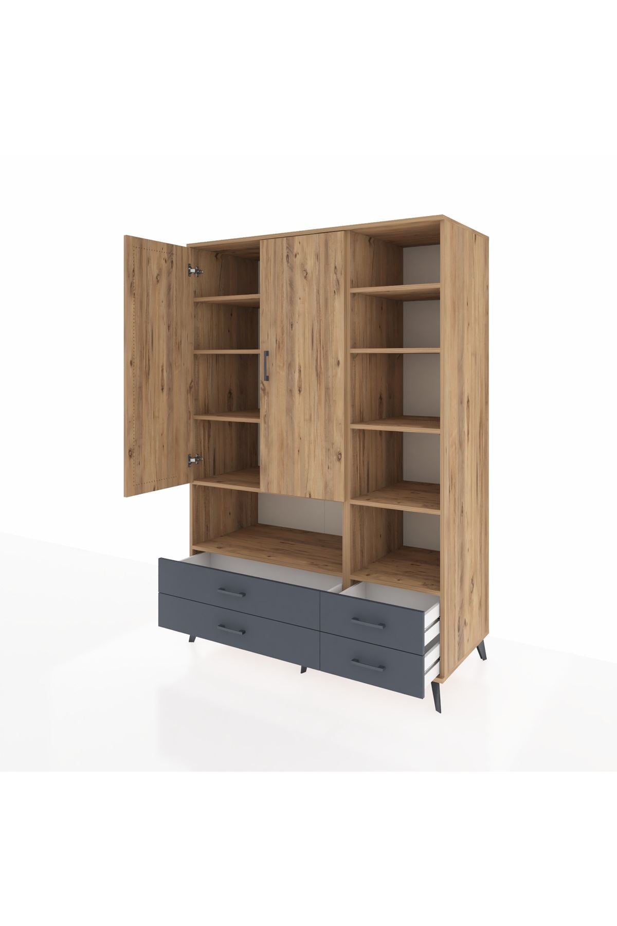 Kronos Dolap 10 Raflı 4 Çekmeceli 2 Kapaklı 132x59x195 Çam-Çam/Antrasit