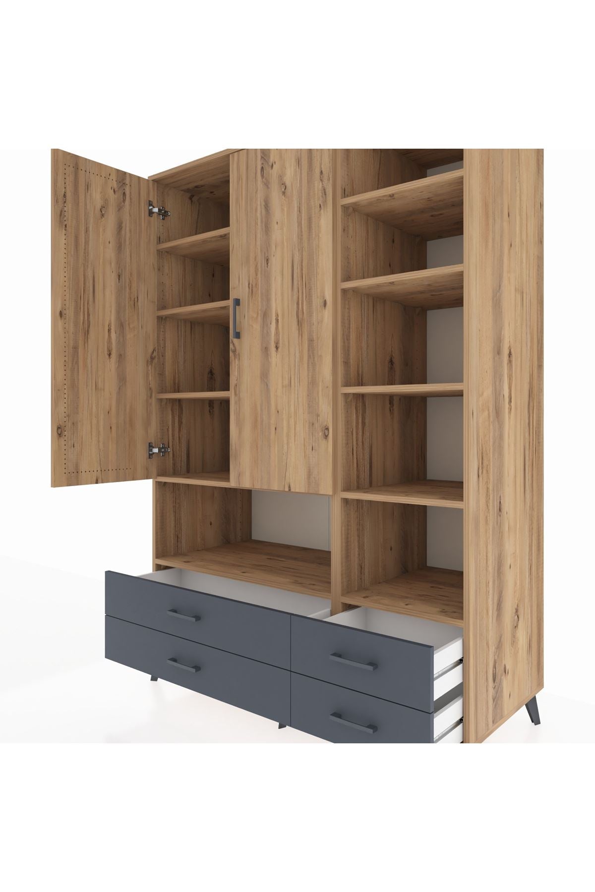 Kronos Dolap 10 Raflı 4 Çekmeceli 2 Kapaklı 132x59x195 Çam-Çam/Antrasit