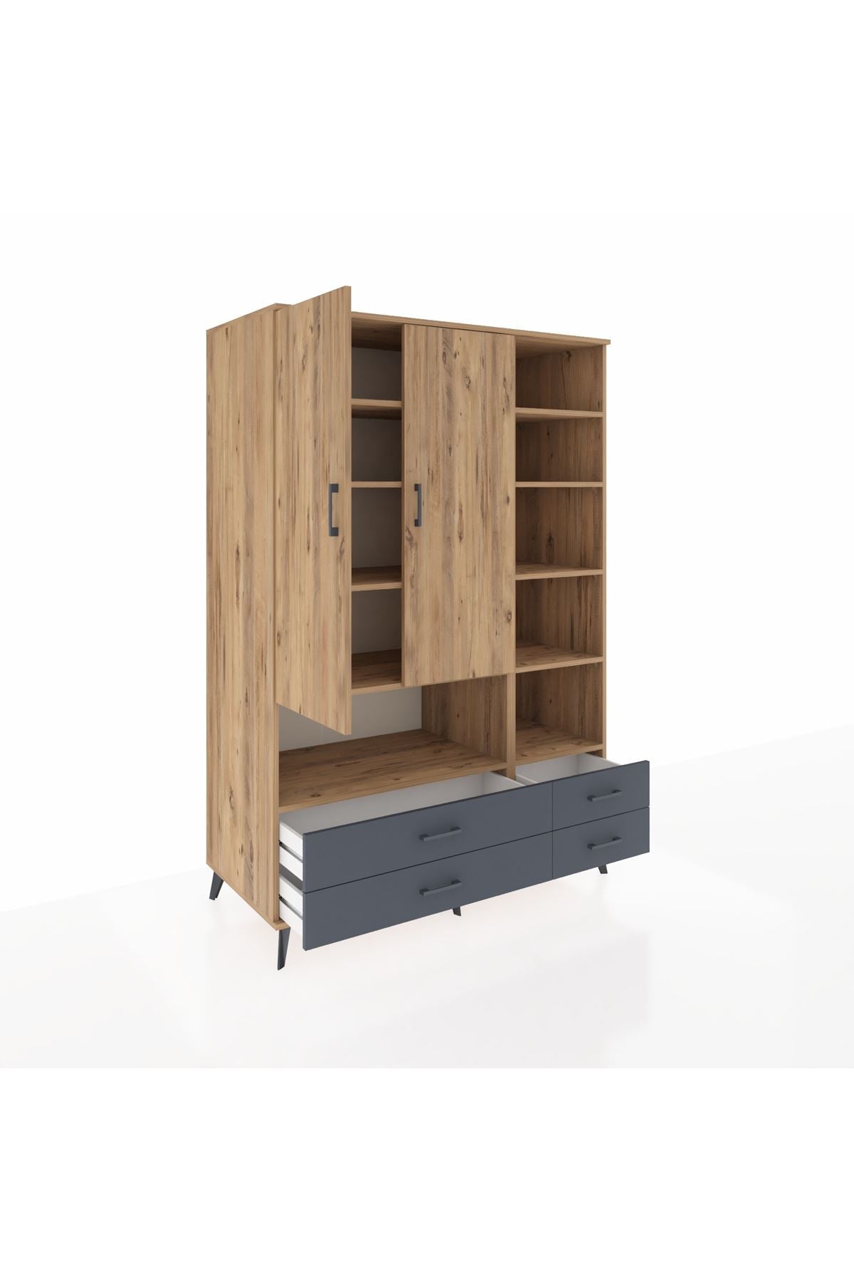 Kronos Dolap 10 Raflı 4 Çekmeceli 2 Kapaklı 132x59x195 Çam-Çam/Antrasit