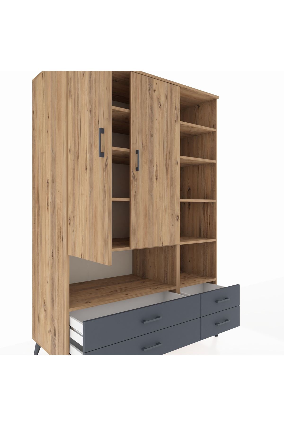 Kronos Dolap 10 Raflı 4 Çekmeceli 2 Kapaklı 132x59x195 Çam-Çam/Antrasit