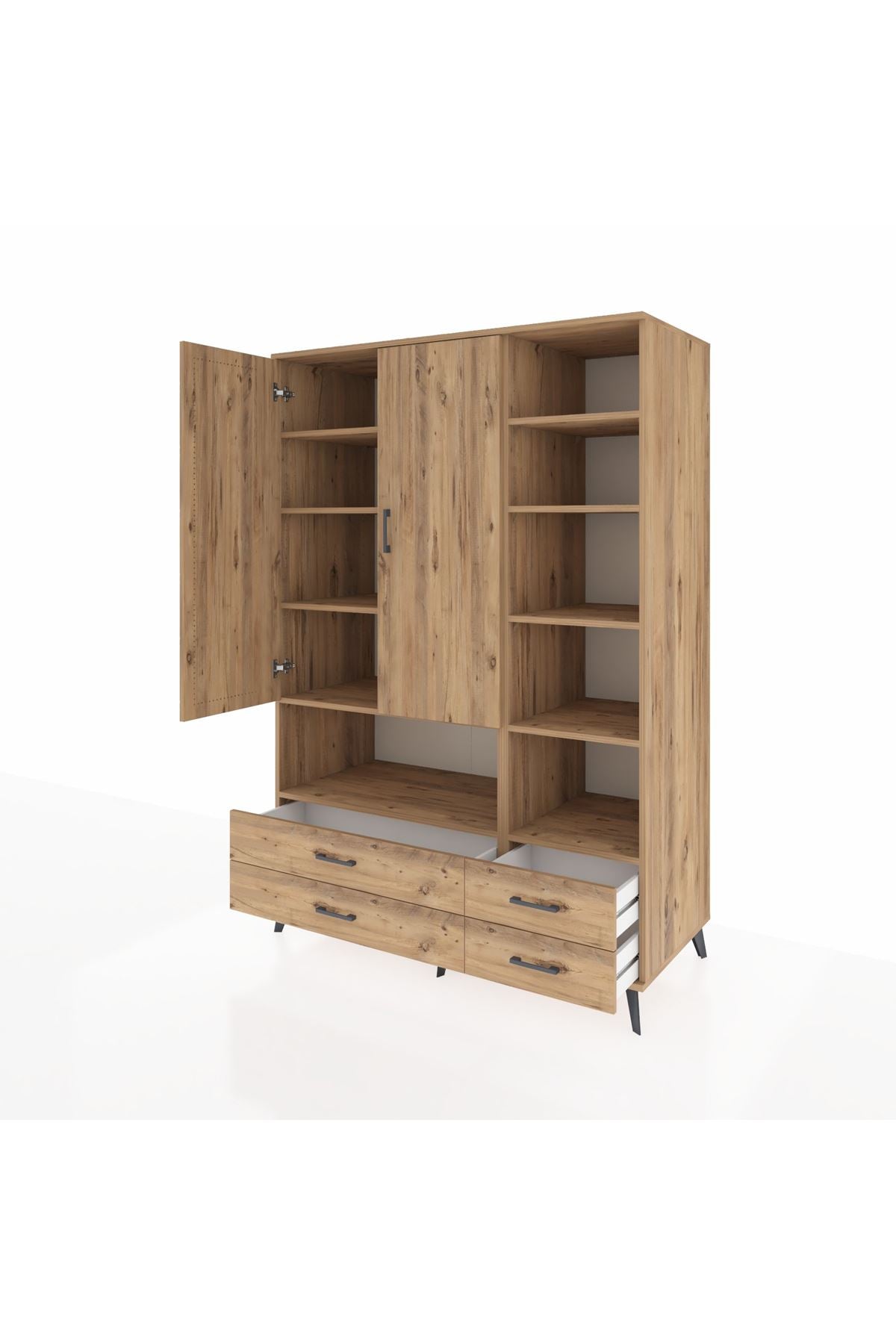 Kronos Dolap 10 Raflı 4 Çekmeceli 2 Kapaklı 132x59x195 Çam-Çam/Çam