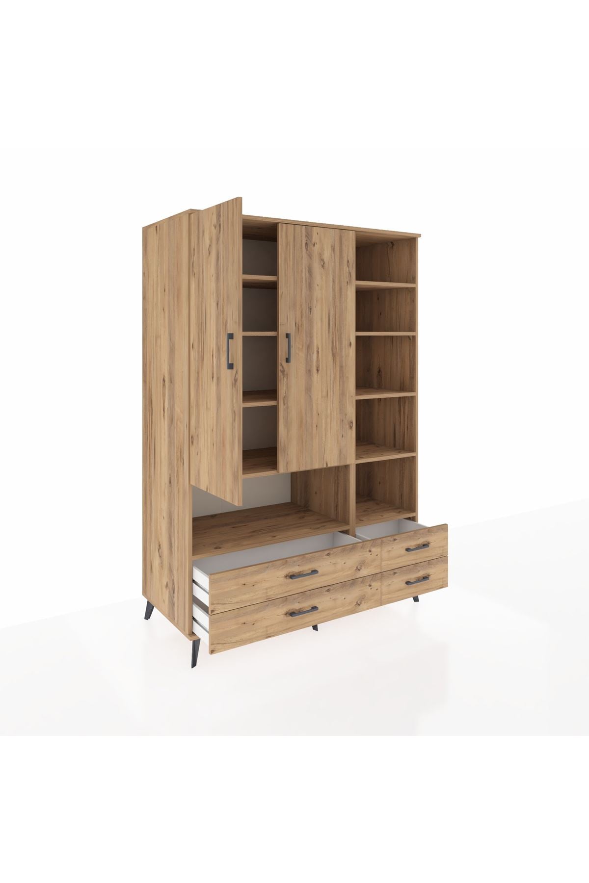 Kronos Dolap 10 Raflı 4 Çekmeceli 2 Kapaklı 132x59x195 Çam-Çam/Çam