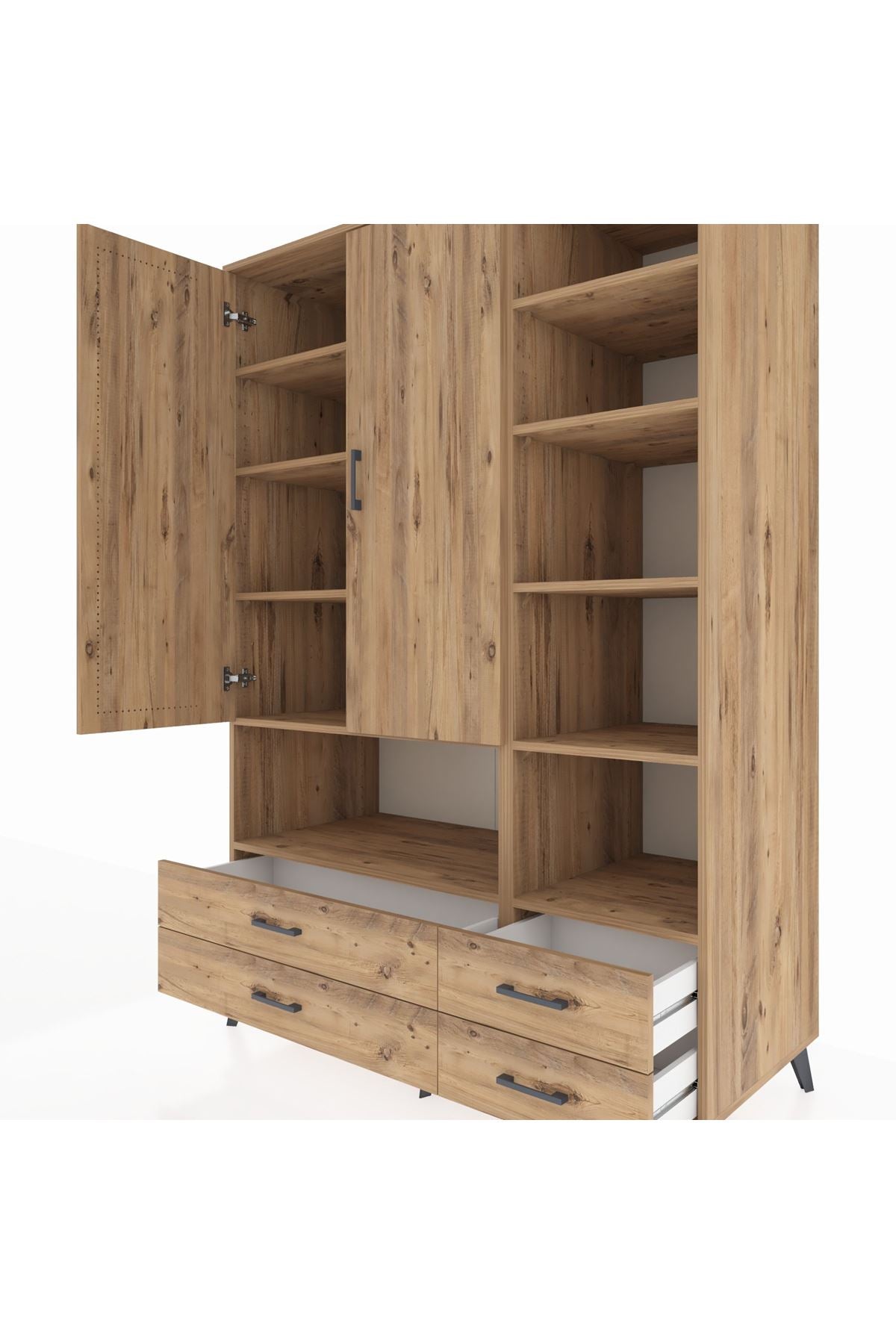 Kronos Dolap 10 Raflı 4 Çekmeceli 2 Kapaklı 132x59x195 Çam-Çam/Çam