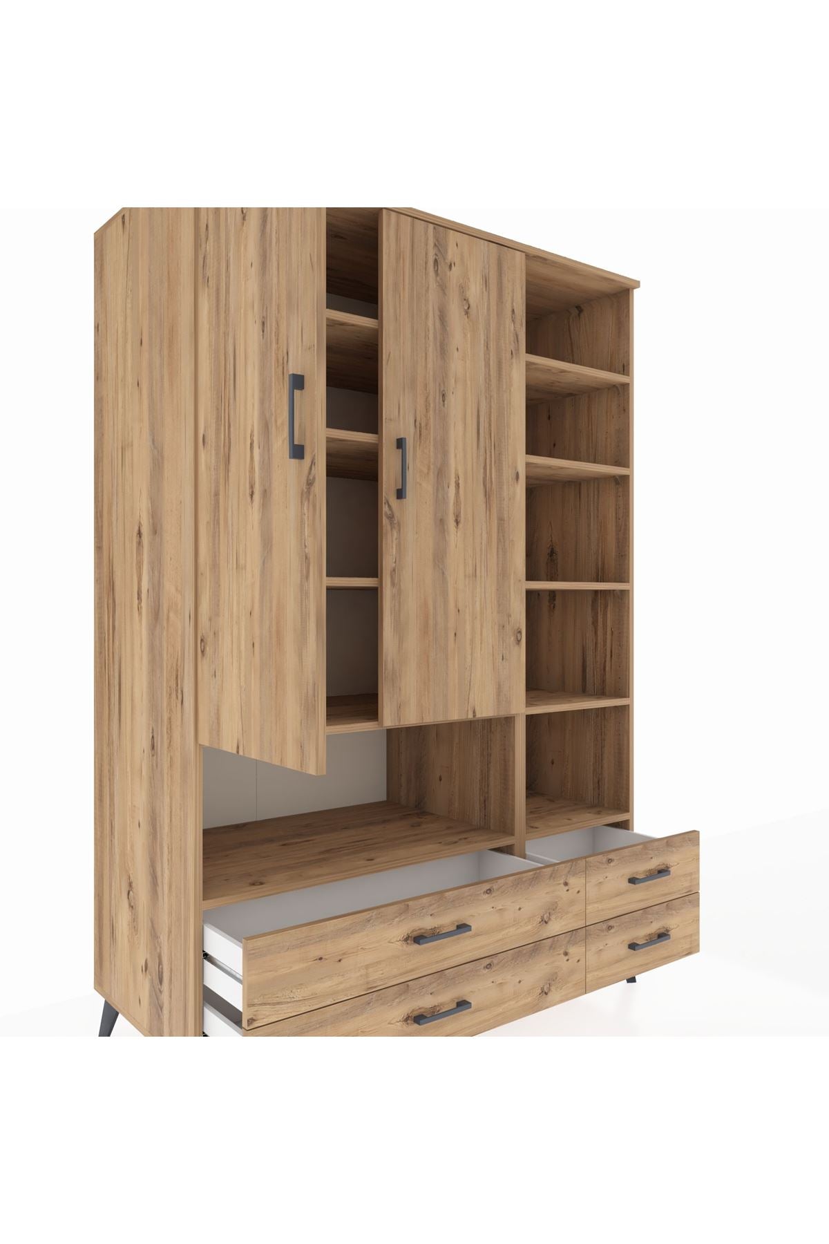 Kronos Dolap 10 Raflı 4 Çekmeceli 2 Kapaklı 132x59x195 Çam-Çam/Çam