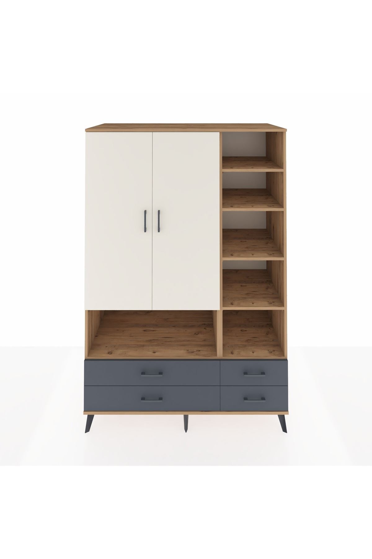 Kronos Dolap 10 Raflı 4 Çekmeceli 2 Kapaklı 132x59x195 Çam-Aytaşı/Antrasit