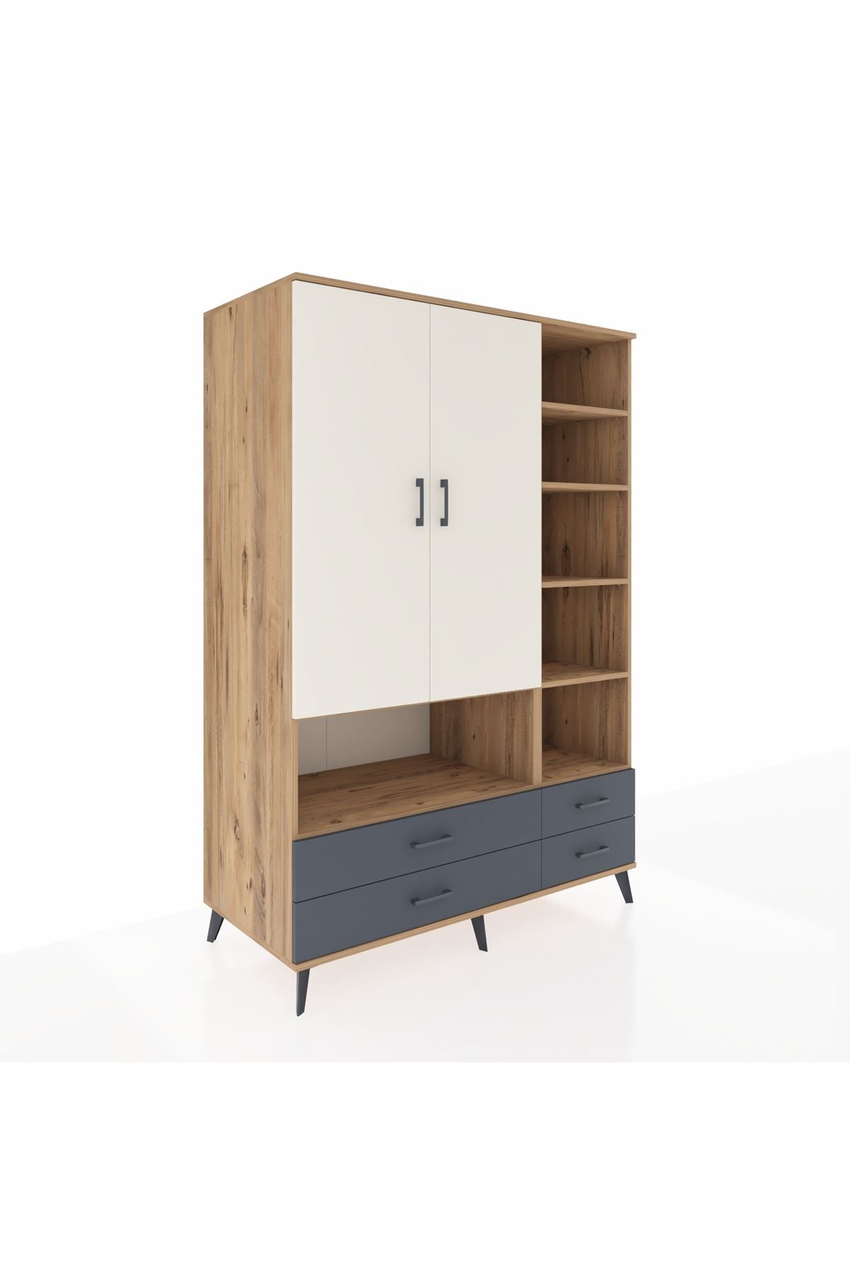 Kronos Dolap 10 Raflı 4 Çekmeceli 2 Kapaklı 132x59x195 Çam-Aytaşı/Antrasit