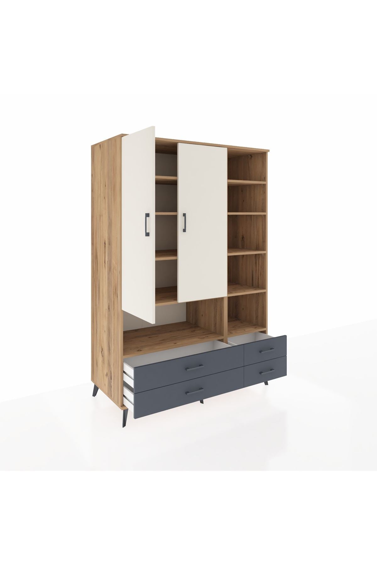 Kronos Dolap 10 Raflı 4 Çekmeceli 2 Kapaklı 132x59x195 Çam-Aytaşı/Antrasit