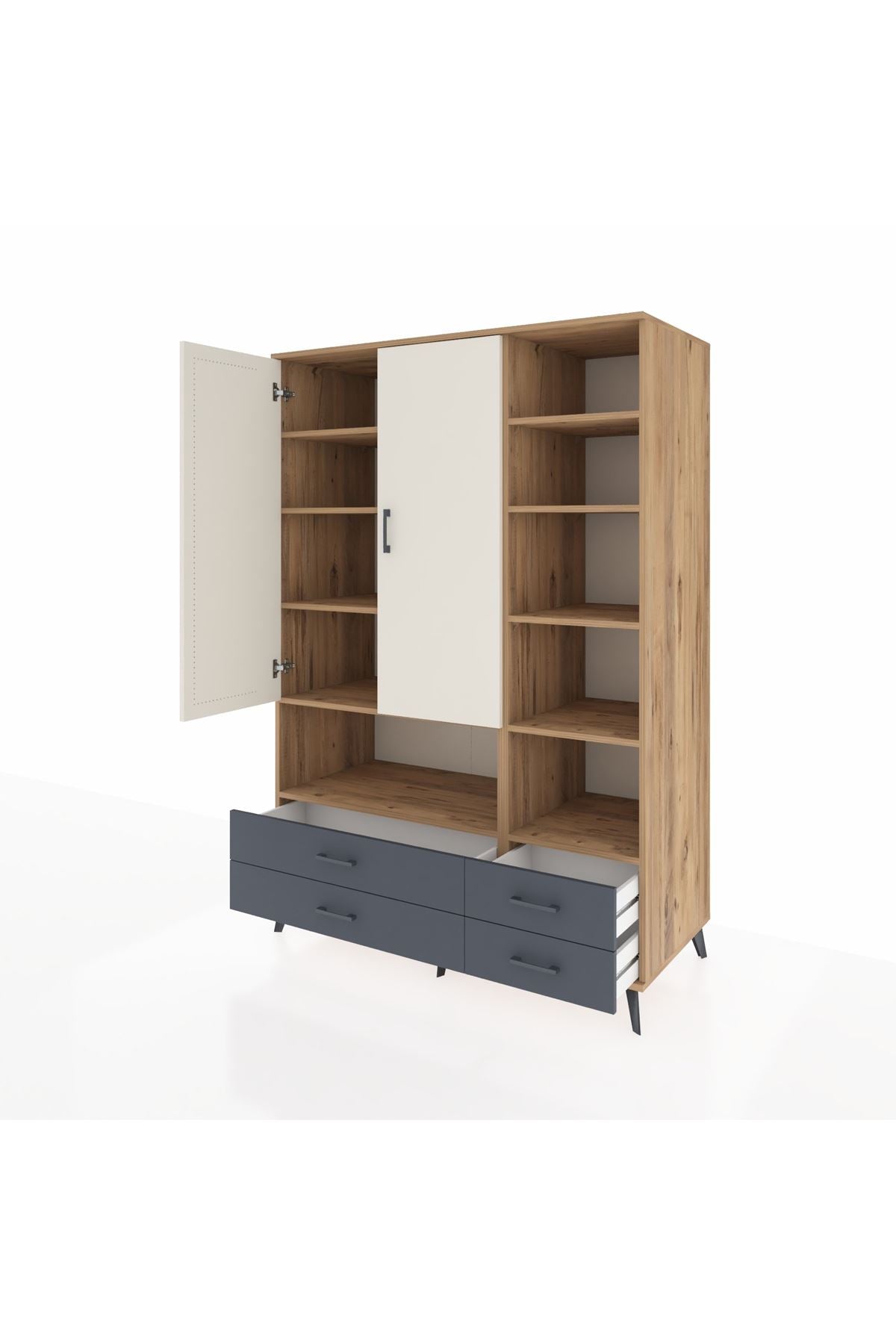 Kronos Dolap 10 Raflı 4 Çekmeceli 2 Kapaklı 132x59x195 Çam-Aytaşı/Antrasit