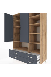 Kronos Dolap 10 Raflı 4 Çekmeceli 2 Kapaklı 132x59x195 Çam-Antrasit/Antrasit