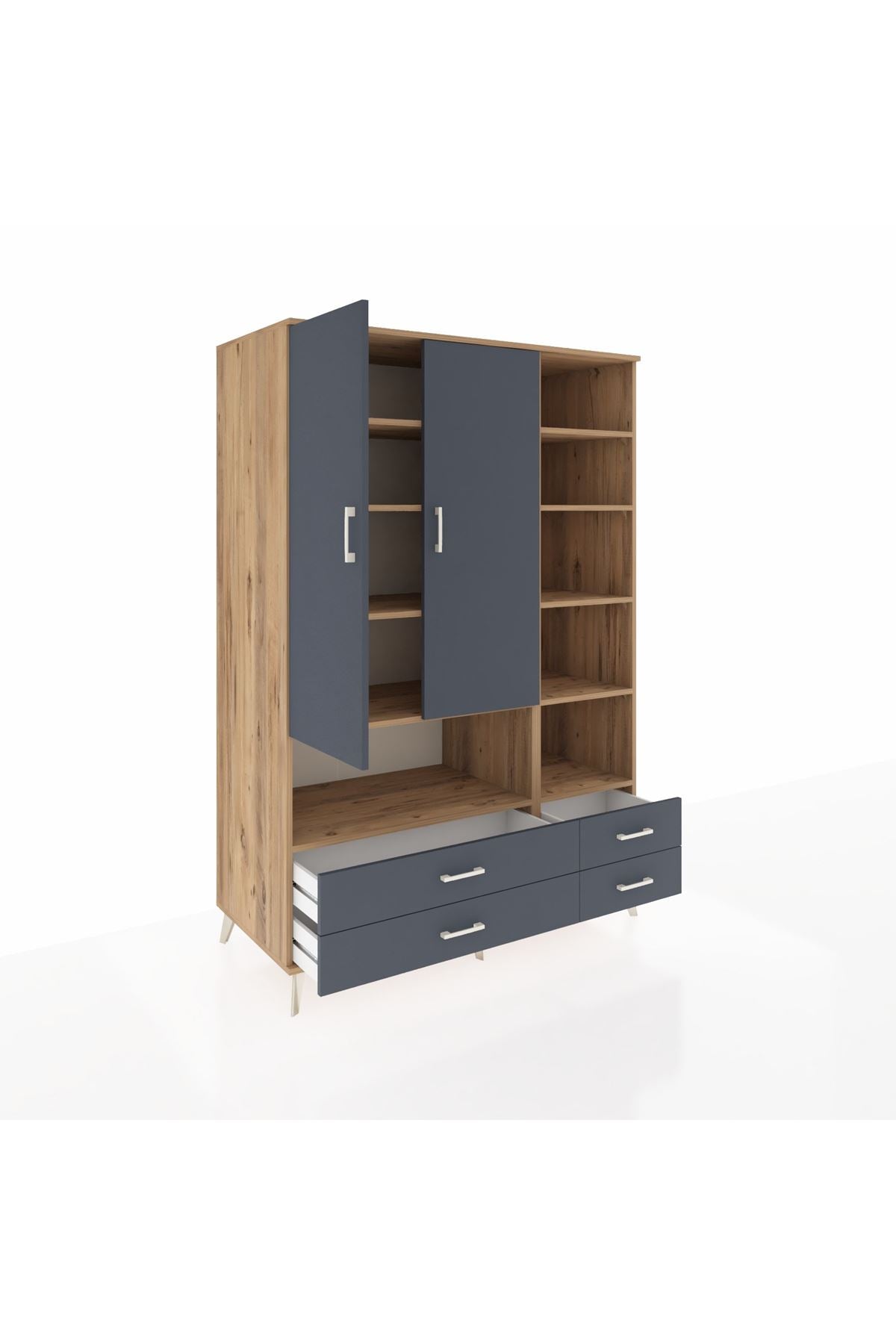 Kronos Dolap 10 Raflı 4 Çekmeceli 2 Kapaklı 132x59x195 Çam-Antrasit/Antrasit