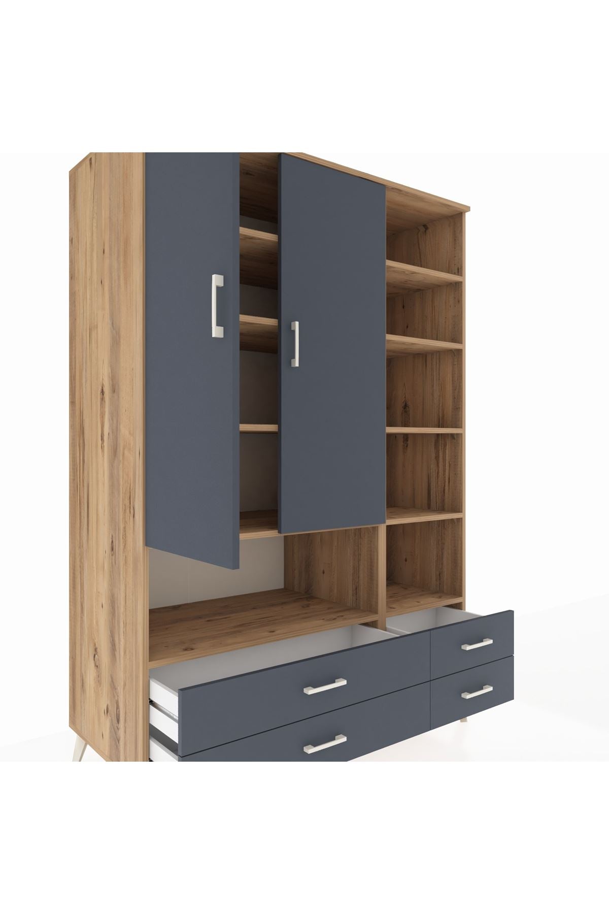 Kronos Dolap 10 Raflı 4 Çekmeceli 2 Kapaklı 132x59x195 Çam-Antrasit/Antrasit