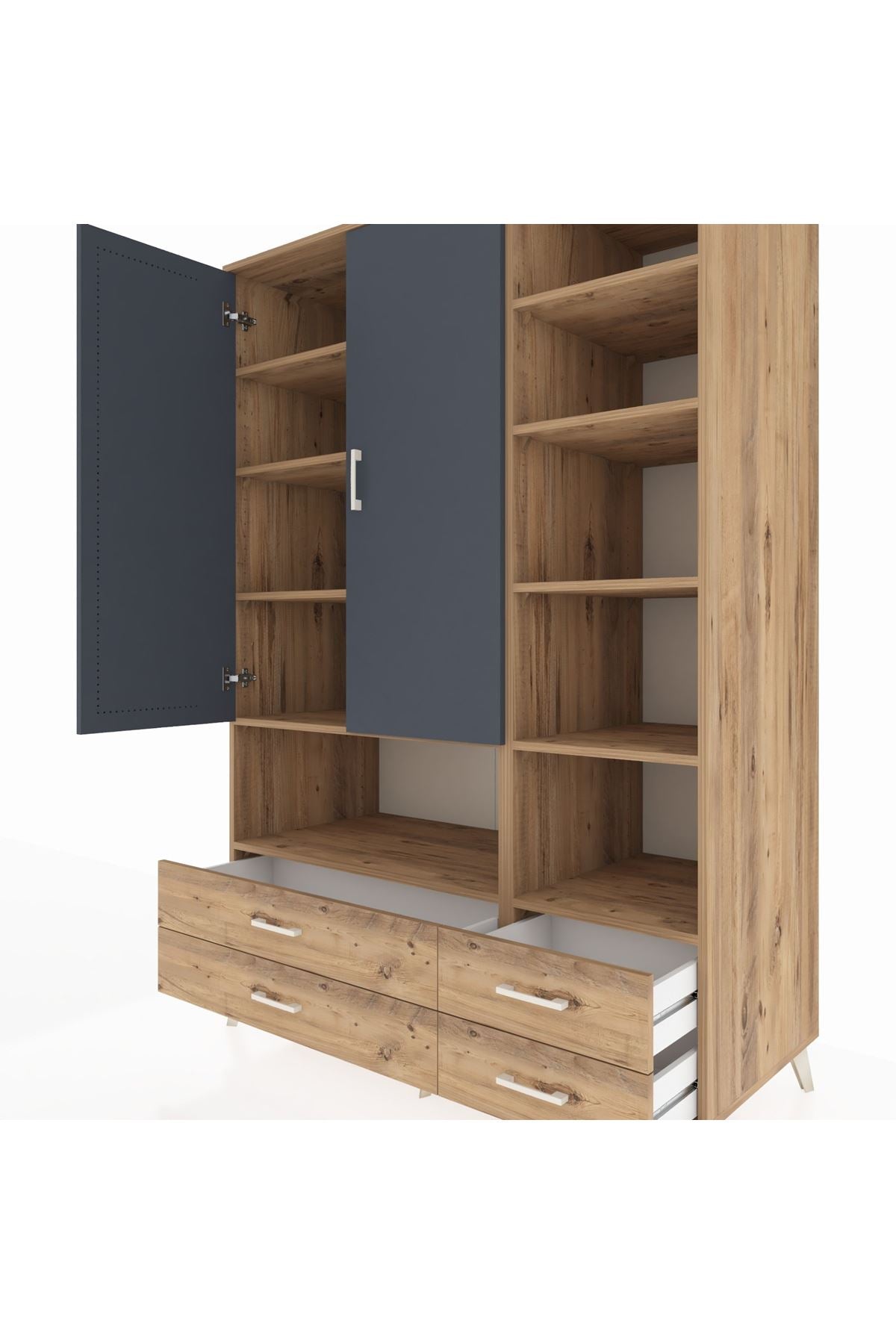 Kronos Dolap 10 Raflı 4 Çekmeceli 2 Kapaklı 132x59x195 Çam-Antrasit/Çam