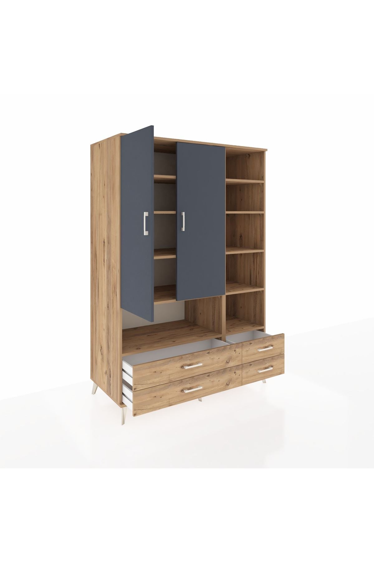 Kronos Dolap 10 Raflı 4 Çekmeceli 2 Kapaklı 132x59x195 Çam-Antrasit/Çam