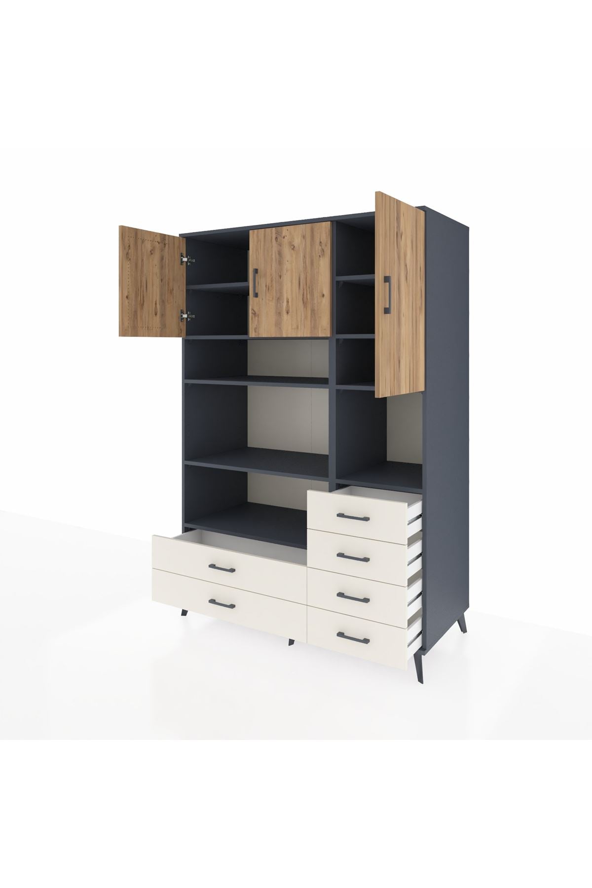 Kronos Dolap 9 Raflı 6 Çekmeceli 3 Kapaklı 132x59x195 Antrasit-Çam/Aytaşı