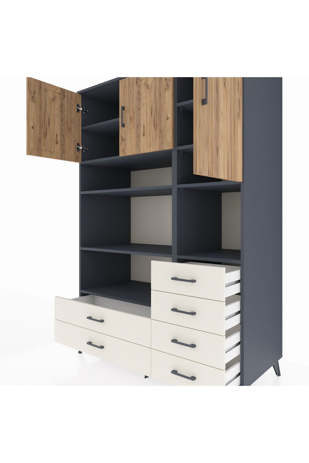 Kronos Dolap 9 Raflı 6 Çekmeceli 3 Kapaklı 132x59x195 Antrasit-Çam/Aytaşı