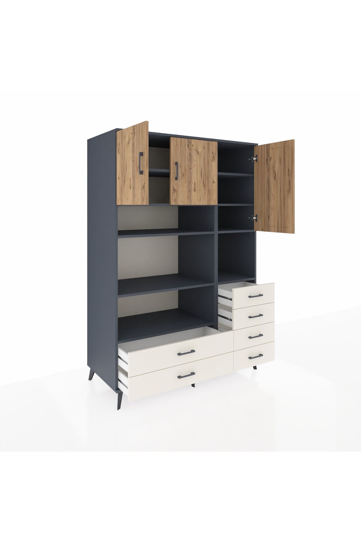 Kronos Dolap 9 Raflı 6 Çekmeceli 3 Kapaklı 132x59x195 Antrasit-Çam/Aytaşı