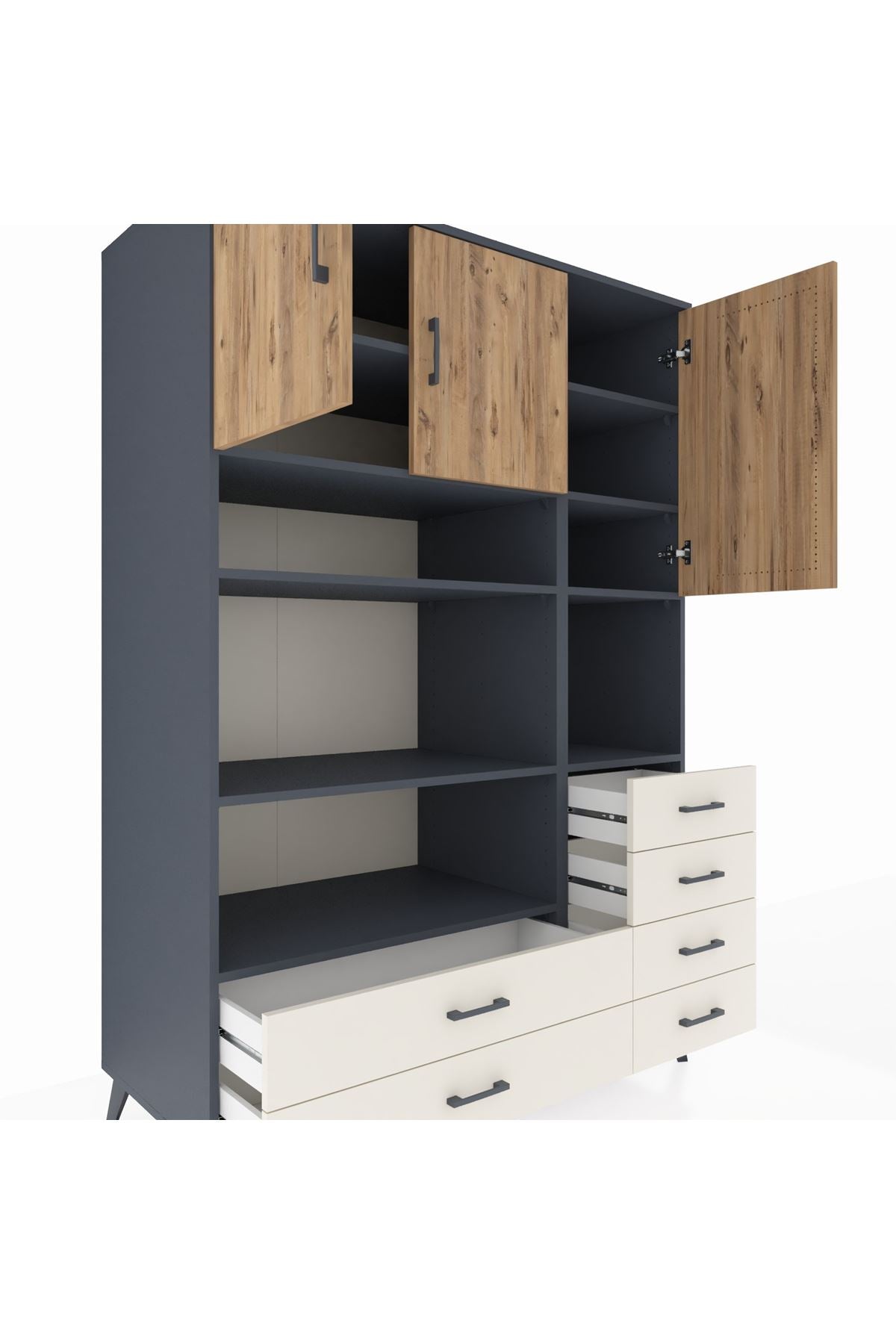 Kronos Dolap 9 Raflı 6 Çekmeceli 3 Kapaklı 132x59x195 Antrasit-Çam/Aytaşı