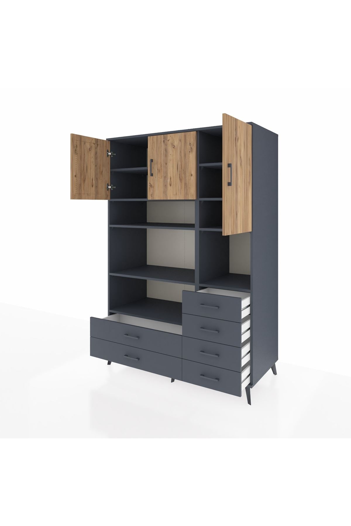 Kronos Dolap 9 Raflı 6 Çekmeceli 3 Kapaklı 132x59x195 Antrasit-Çam/Antrasit