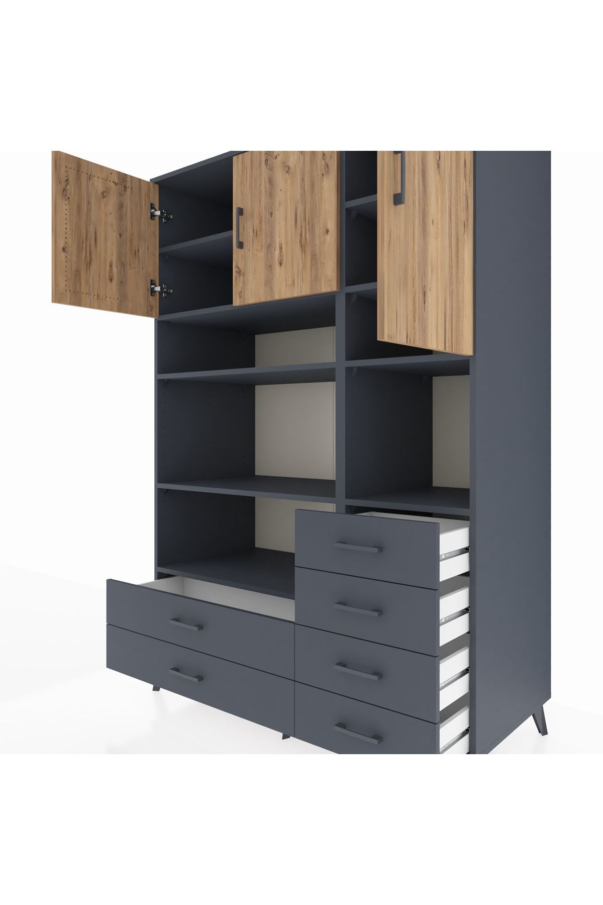 Kronos Dolap 9 Raflı 6 Çekmeceli 3 Kapaklı 132x59x195 Antrasit-Çam/Antrasit