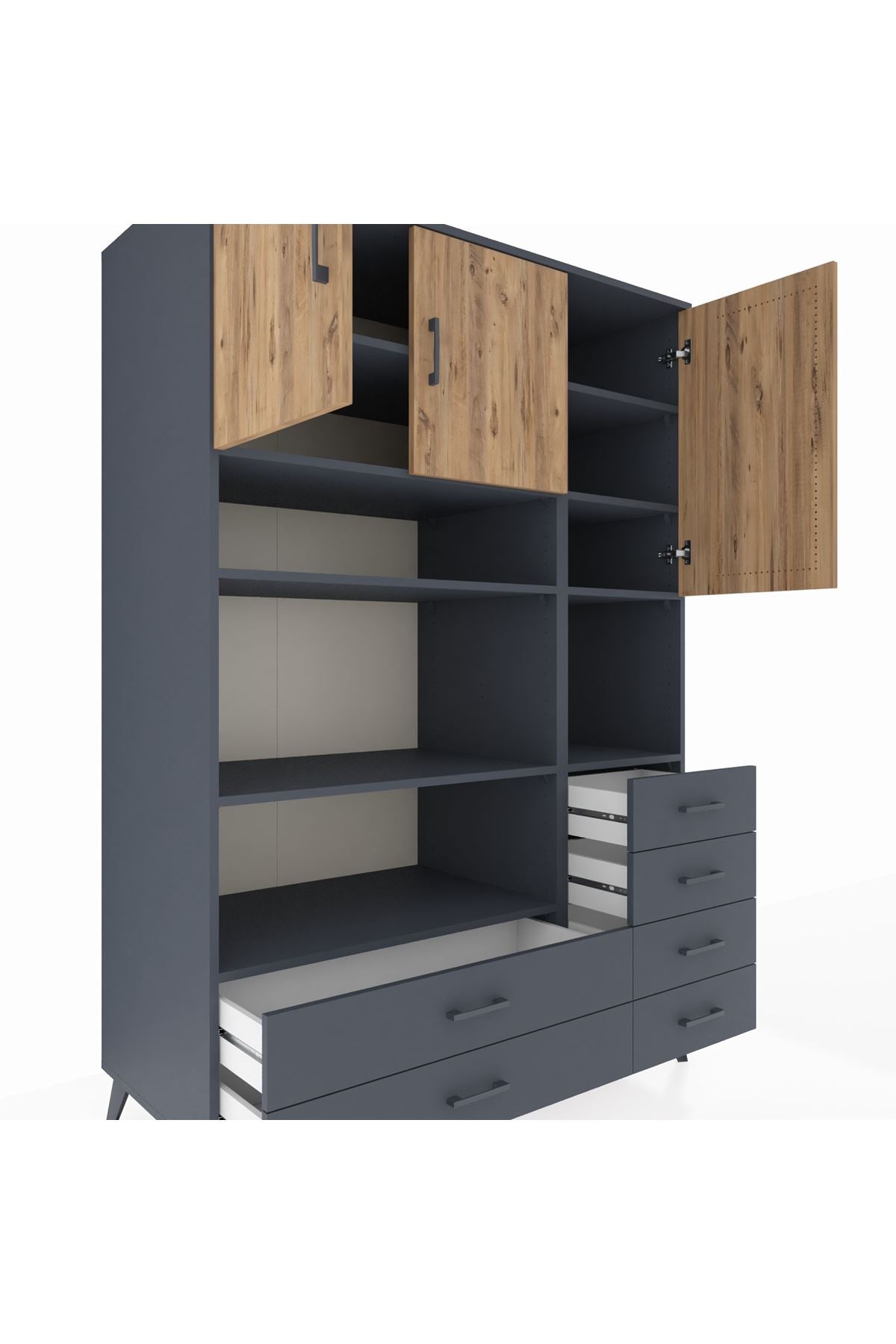 Kronos Dolap 9 Raflı 6 Çekmeceli 3 Kapaklı 132x59x195 Antrasit-Çam/Antrasit