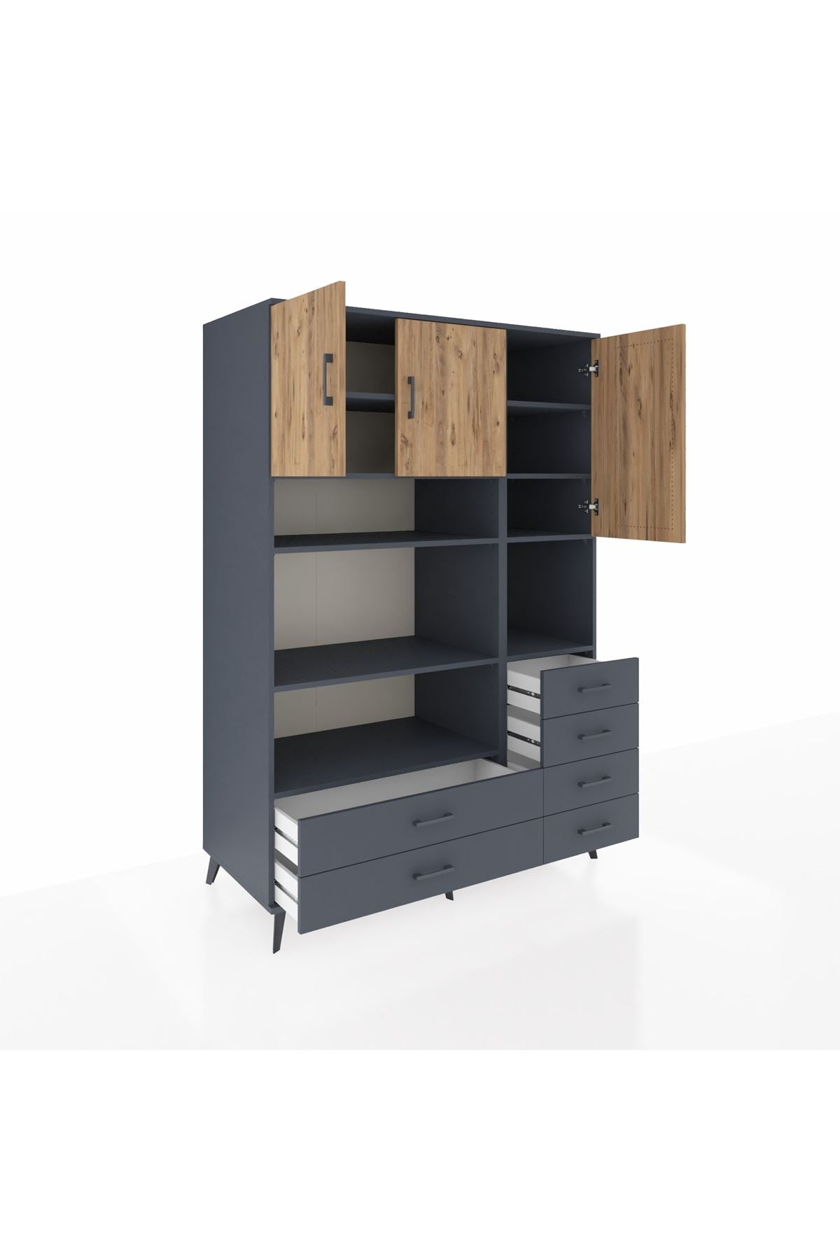 Kronos Dolap 9 Raflı 6 Çekmeceli 3 Kapaklı 132x59x195 Antrasit-Çam/Antrasit