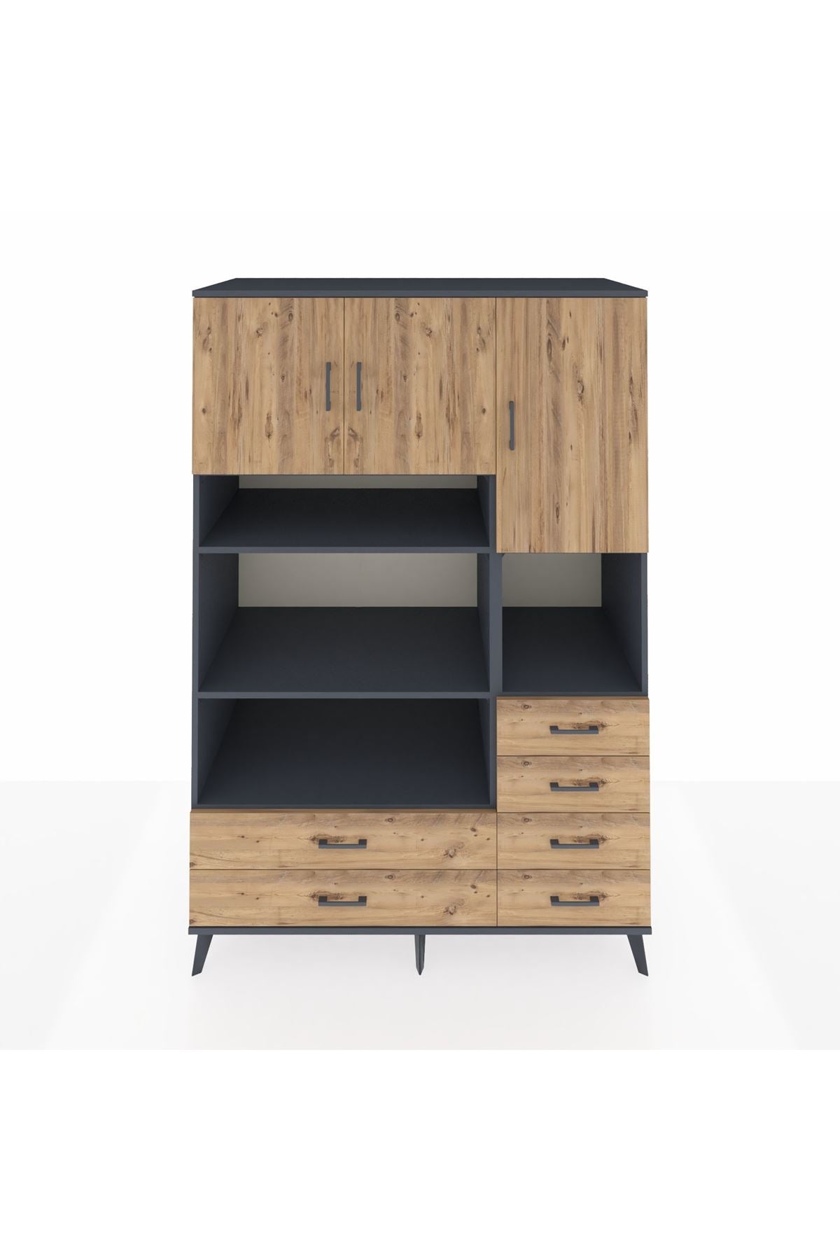 Kronos Dolap 9 Raflı 6 Çekmeceli 3 Kapaklı 132x59x195 Antrasit-Çam/Çam