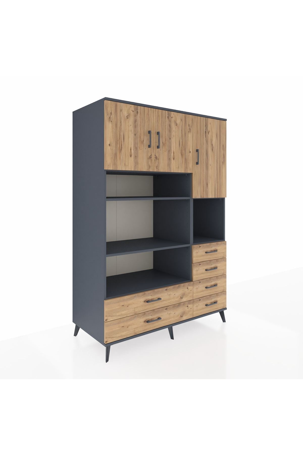 Kronos Dolap 9 Raflı 6 Çekmeceli 3 Kapaklı 132x59x195 Antrasit-Çam/Çam
