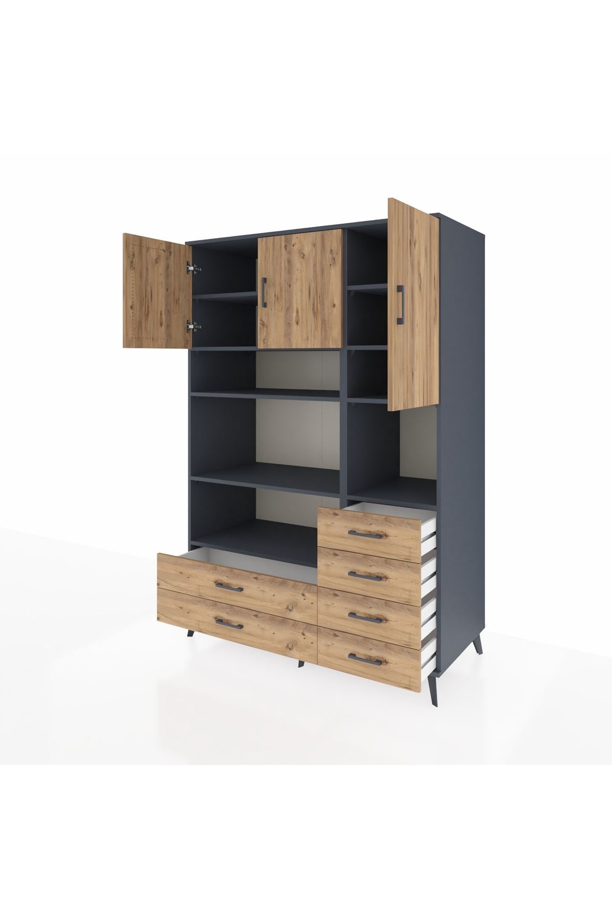 Kronos Dolap 9 Raflı 6 Çekmeceli 3 Kapaklı 132x59x195 Antrasit-Çam/Çam